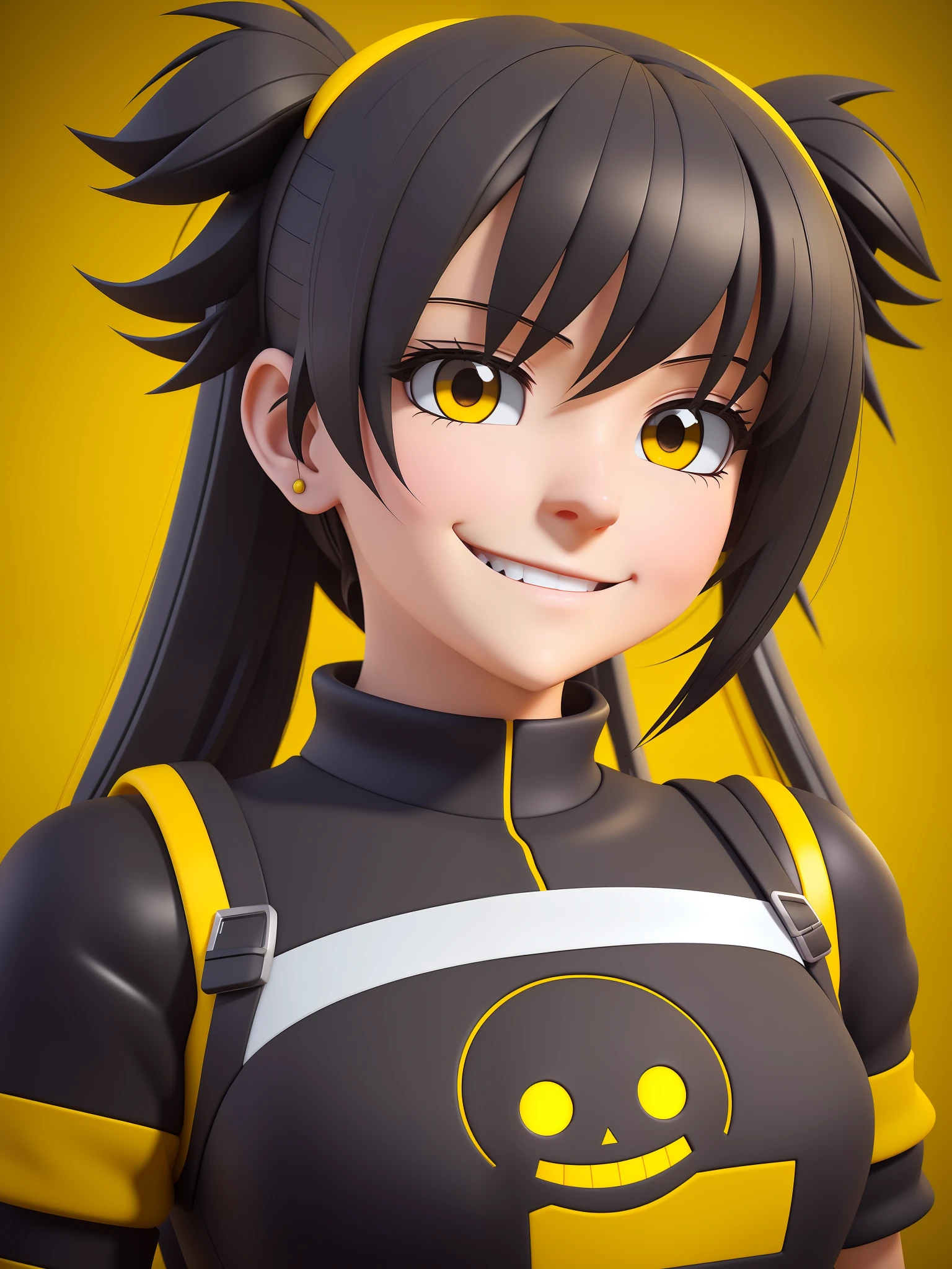 Young girl, a cartoon character dark yellow outfit, expression with ((melancholic smile)), (dark hair up to shoulder), yellow eyes, stylized character, animation character, stylized 3d render, 3d character, highly detailed character, stylized anime, stylized 3d, render character, character model, close up, maximum quality