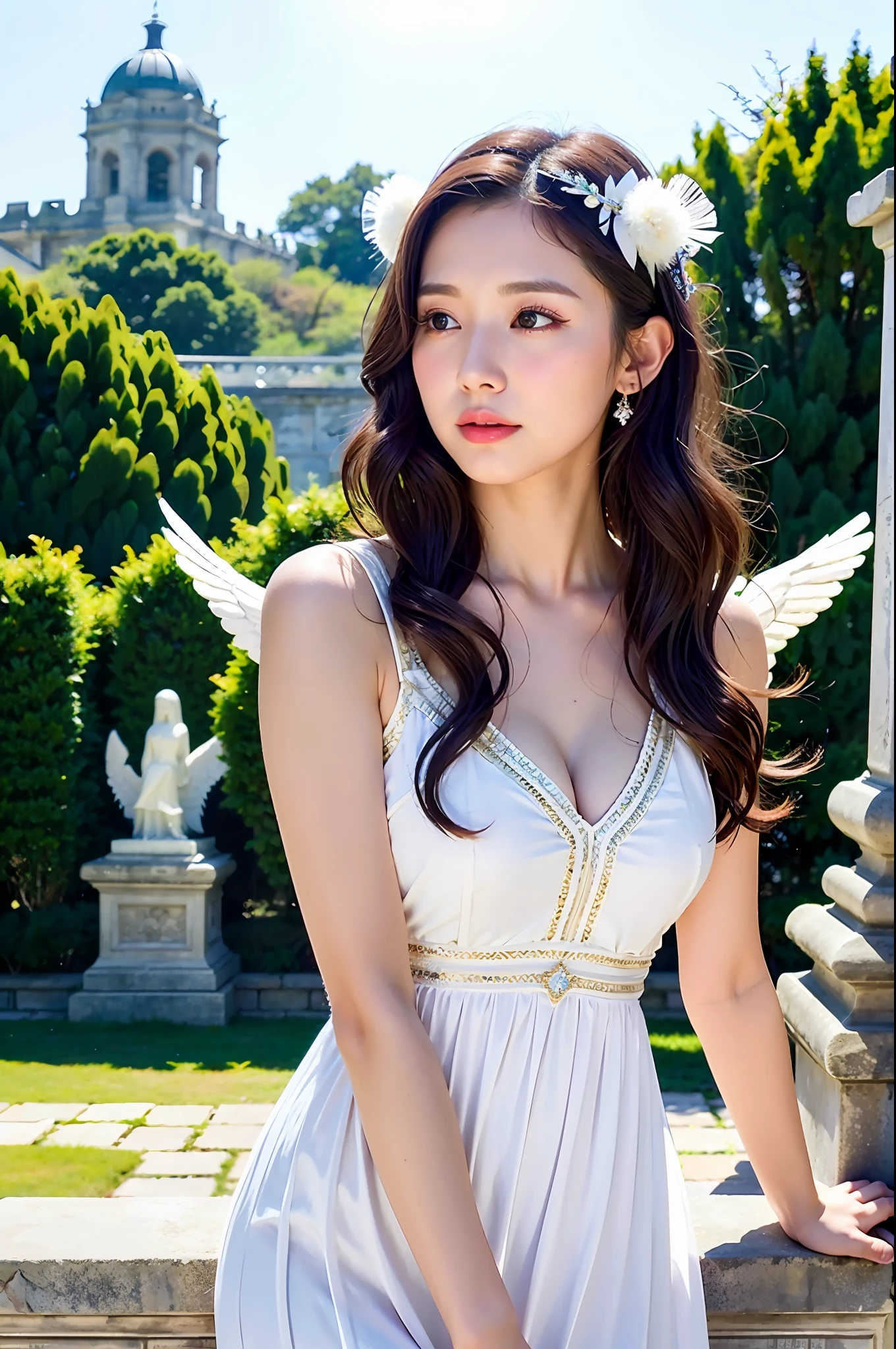 Dressed up with winged cute angel, wearing a beautiful garland on the head, symmetrical white feather material simulation of huge wings, exquisite details, HD, 8k, (best quality, masterpiece: 1.2), portrait, breast, outdoors, ancient buildings, tall stone pillars, stone railings, a 25-year-old woman named Yiping in an ancient castle: 2, eyes looking at the camera, natural expression, posture do not stiff, curly wavy long hair, white dress long dress, the same character, various poses, different angles, backlight :1.5,Rich skin details:1.5,