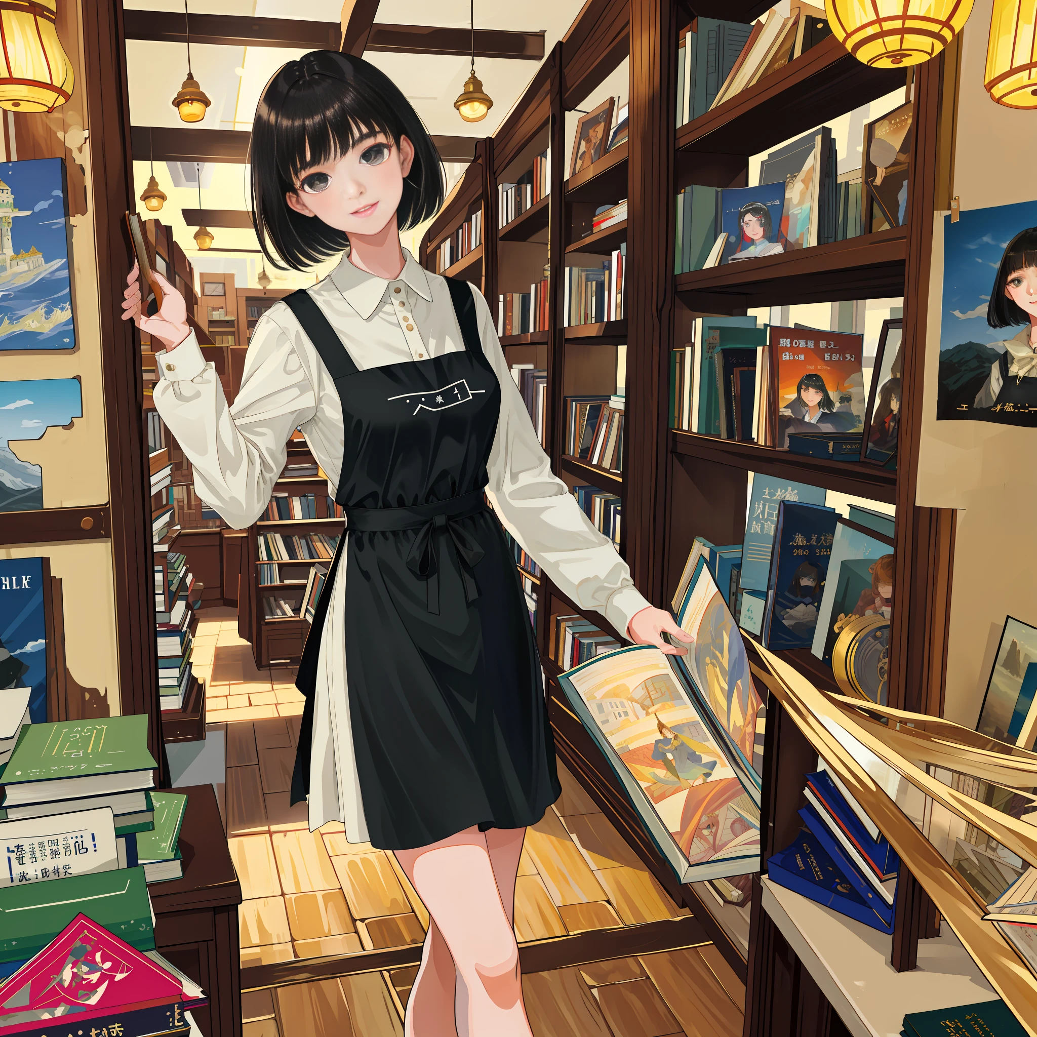 masterpiece, (top quality: 1.2), illustration, female clerk in a used bookstore, short black hair, beautiful face, 18 years old, apron, beautiful smile, beautiful eyes, perfect proportions, 200mm F1.4 lens, holding a bunch of books,