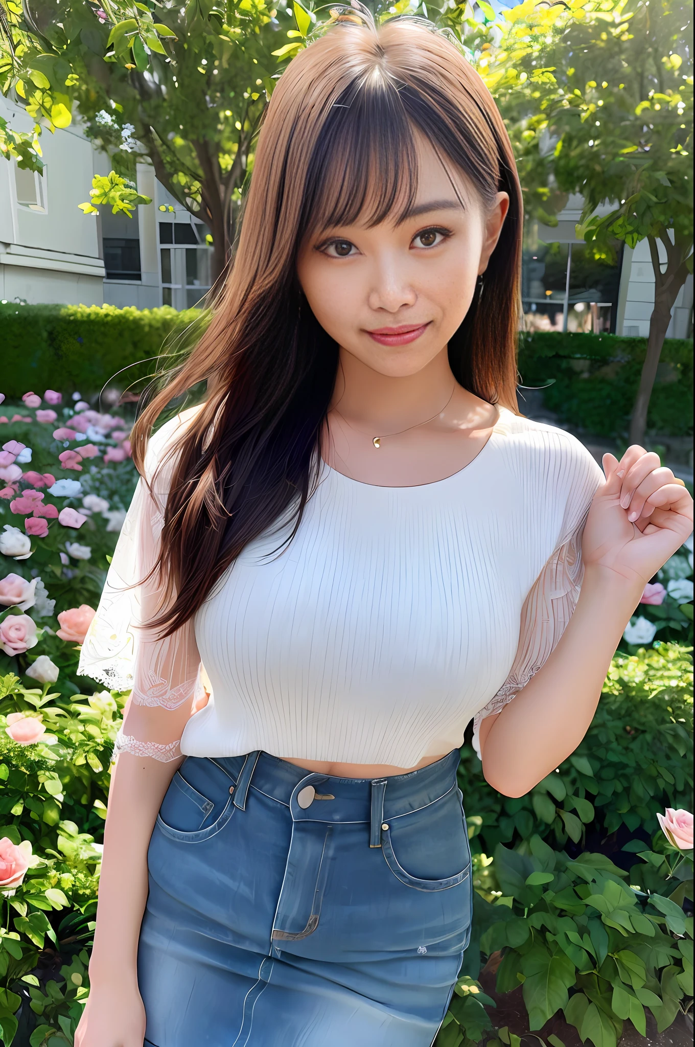 RAW, (Intricate Details: 1.3), (Best Quality: 1.3), (Masterpiece: 1.3), (Realistic:1.4), (Masterpiece, Best Quality, Ultra Detailed), [Reflection], Ultra Realistic,
(Best Lighting, Best Shadows, Extremely Delicate and Beautiful), shot by Canon EOS, SIGMA Art Lens 35mm F1.4, ISO 200 shutter speed 2000, vivid picture, 1 girl, super detailed,
Ultra-high resolution, very detailed physically based rendering, dynamic angles, dynamic poses, wind, 8K UHD, vivid graphics, high definition, high-quality textures, complex details,
Accent lighting, (Backlight:1.3), Professional lighting, Face lighting, Film lighting, Bokeh,
(Best Quality True Texture Skin: 1.4), Fine Fine Eyes, Fine Fine Face, Fine Eyes,
Fine texture, fine detail, high detail, extremely detailed CG, high quality shadows, realistic facial performance, (high detail skin, skin detail), slender waist, beautiful realistic and detailed hands and fingers: 1, optimal ratio of four fingers and one thumb, (detailed face, detailed eyes, beautiful face), belly fat: 0.1, camelto, denim shot, looking at the audience,
1girl, 19yo, (sparkling eyes: 1.3), (sparkling lips: 1.3), (necklace), (looking at the audience), (small breasts), (t-shirts and pleated skirts), (from below), (open legs: 0.7), (tired sleepy and smiling: 1.2),
Outdoor, (in the middle of a rose garden), (long shot, full body shot, rule of thirds)