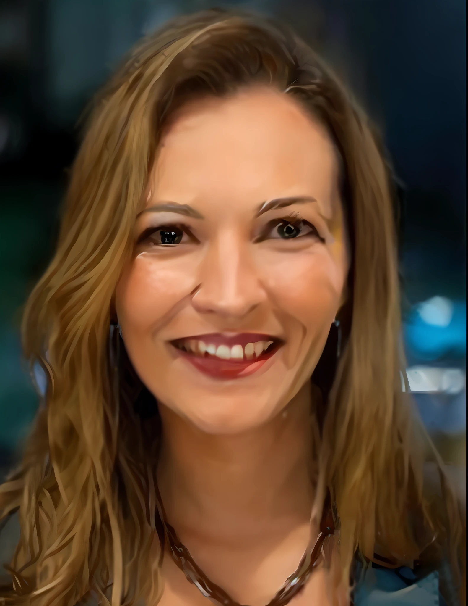 Smiling woman with long brown hair and a blue blazer, Cristiane Lana --auto --s2