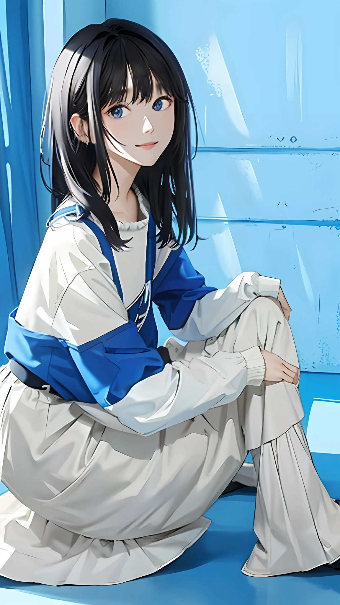 (best quality:1.2), (masterpiece:1.2), looking at viewer, blue theme, beige theme, black hair,