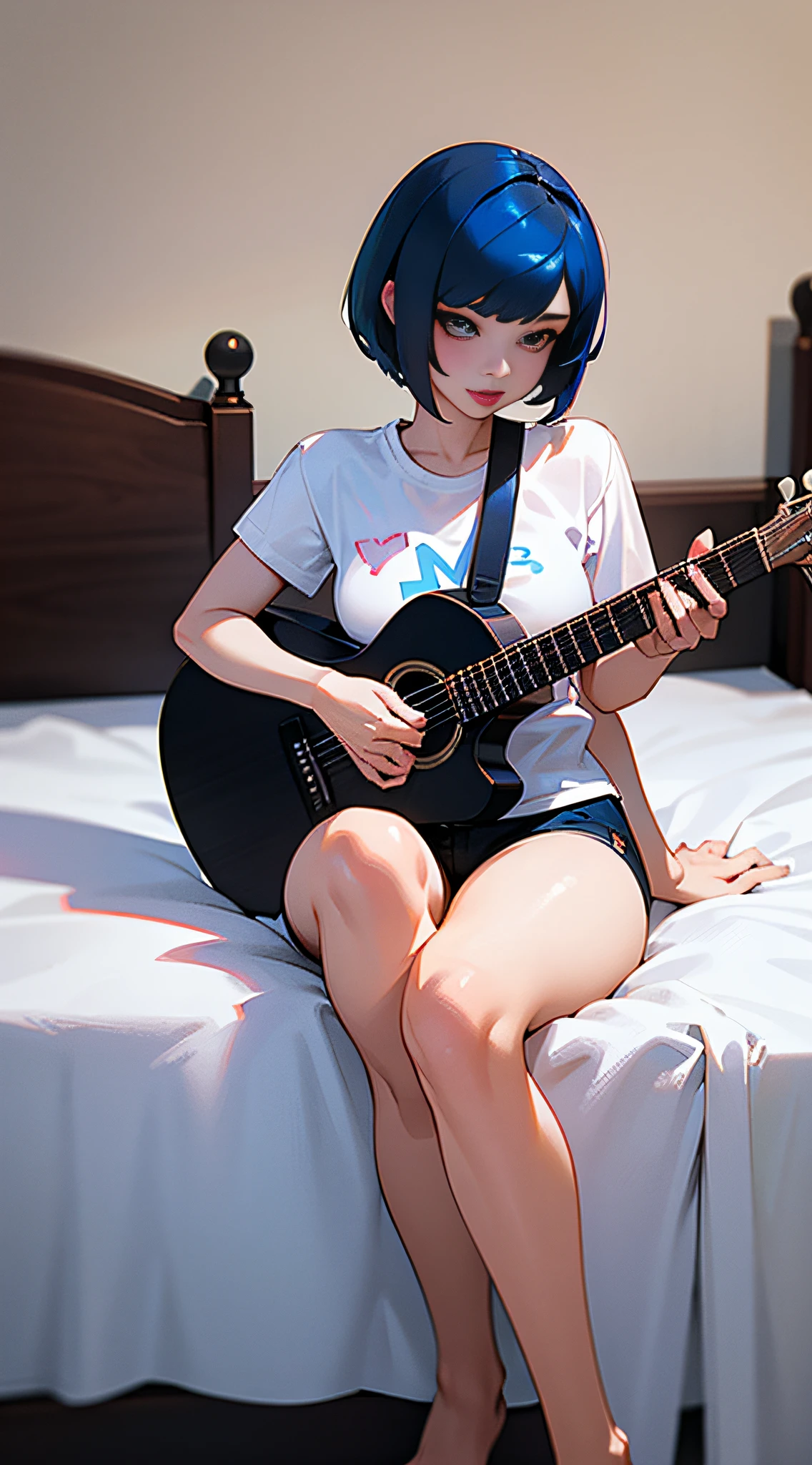 a woman with short blue hair and black lipstick, inspired by Leng Mei, d. va of Overwatch, naked 3D anime style barefoot with white T-shirt and short black shorts sitting on the bed playing acoustic guitar