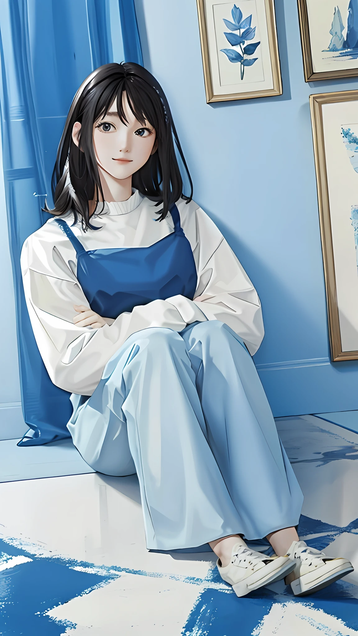 (best quality:1.2), (masterpiece:1.2), looking at viewer, blue theme, beige theme, black hair,