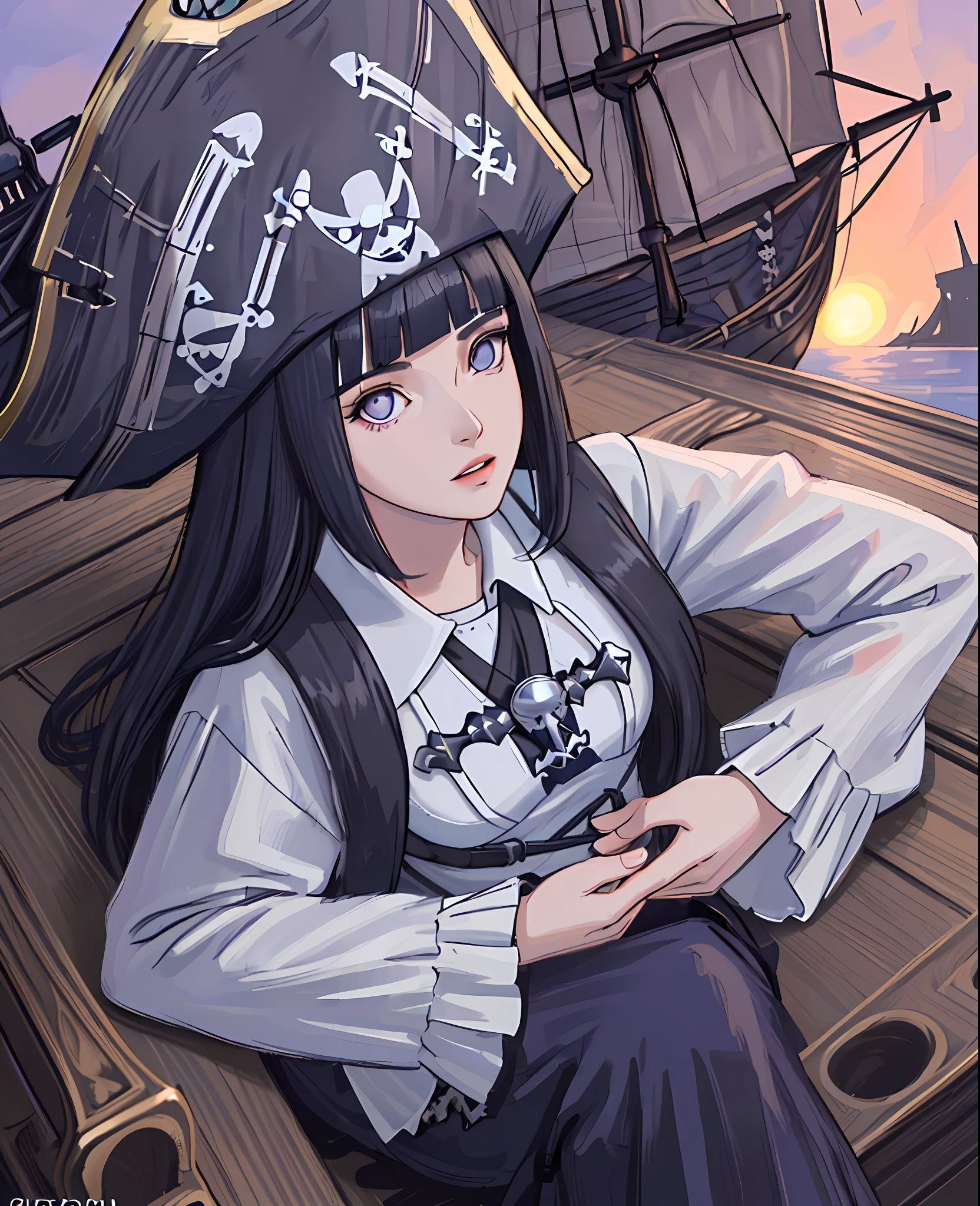 (((masterpiece))), ((best quality)), ((illustration)), ((beautiful detailed girl)), (beautiful detailed glow), (beautiful detailed eyes), ((highres)), ((detailed)), (((high resolution illustraion))), (ultra-detailed), ((detailed background)),
((beautiful detailed face)),
((beautiful detailed eyes)), (beautiful detailed), (dramatic light), (long hair), ((dark blue hair)), Lighting, (detailed eyes), (((pirate outfit))), beautiful detailed sky, (((ship deck))), ((purple eyes)), long sleeves, black dress, white Frill, Eye highlights, ((blunt bangs)), (((perfect composition))), from above, hinata/(boruto/), knee crop, ((pirate hat)), detailed lips