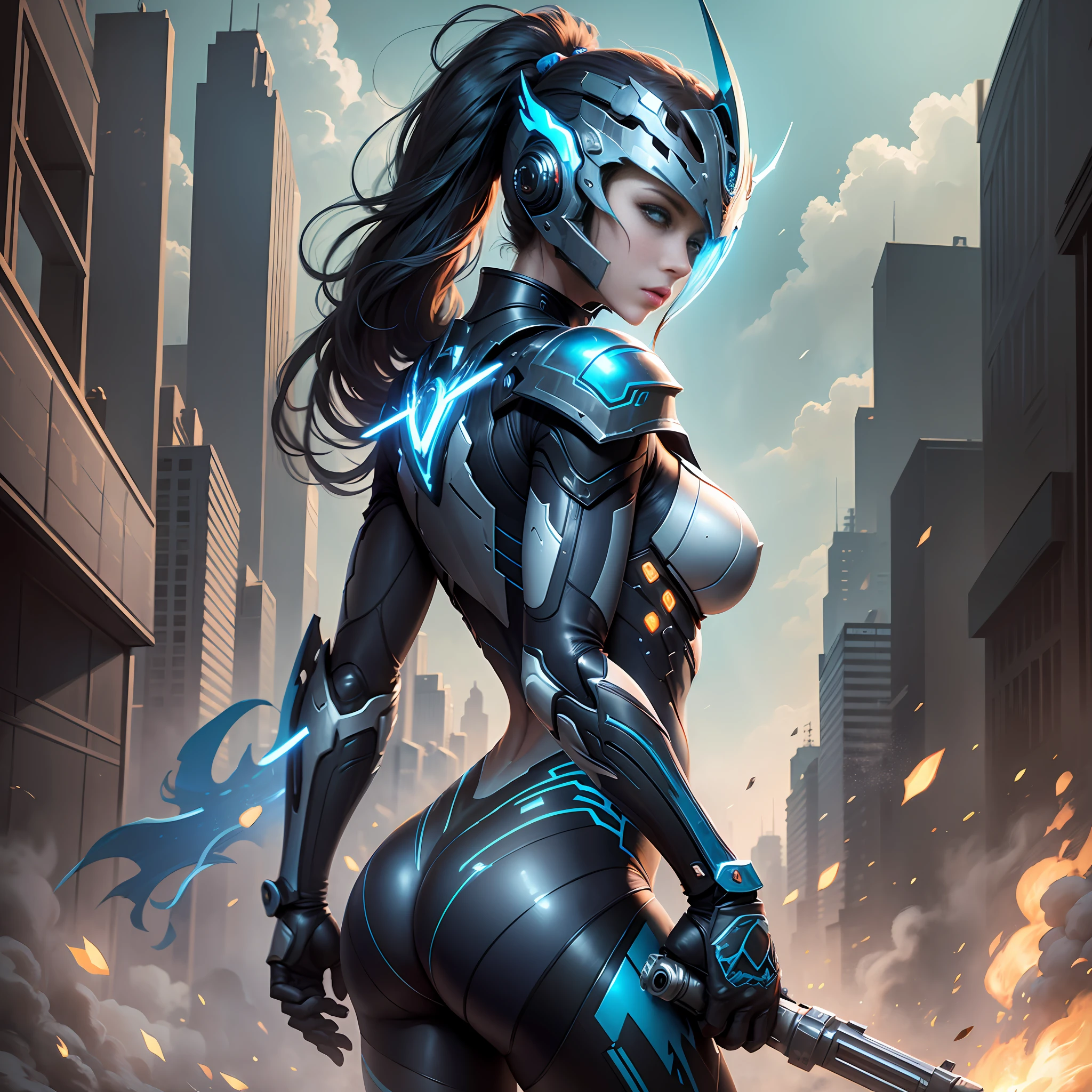 (Masterpiece: 1.2), Best Quality, High Resolution, Ultra HD, Unified 8K Wallpaper, (Illustration: 1.0), Beautiful Detailed, Very Detailed, Perfect Lighting, Very Detailed CG, Kayden Kross, Glow Eyes, Backlight, Armor, Glow, Full Armor, Warframe, humanoid_robot, Horn, Helmet, Mask, sample_background, Weapon, blue_armor, Looking at the Audience, Solo, Perspective, holding a long gun with 5 fingers in his hand --auto --s2