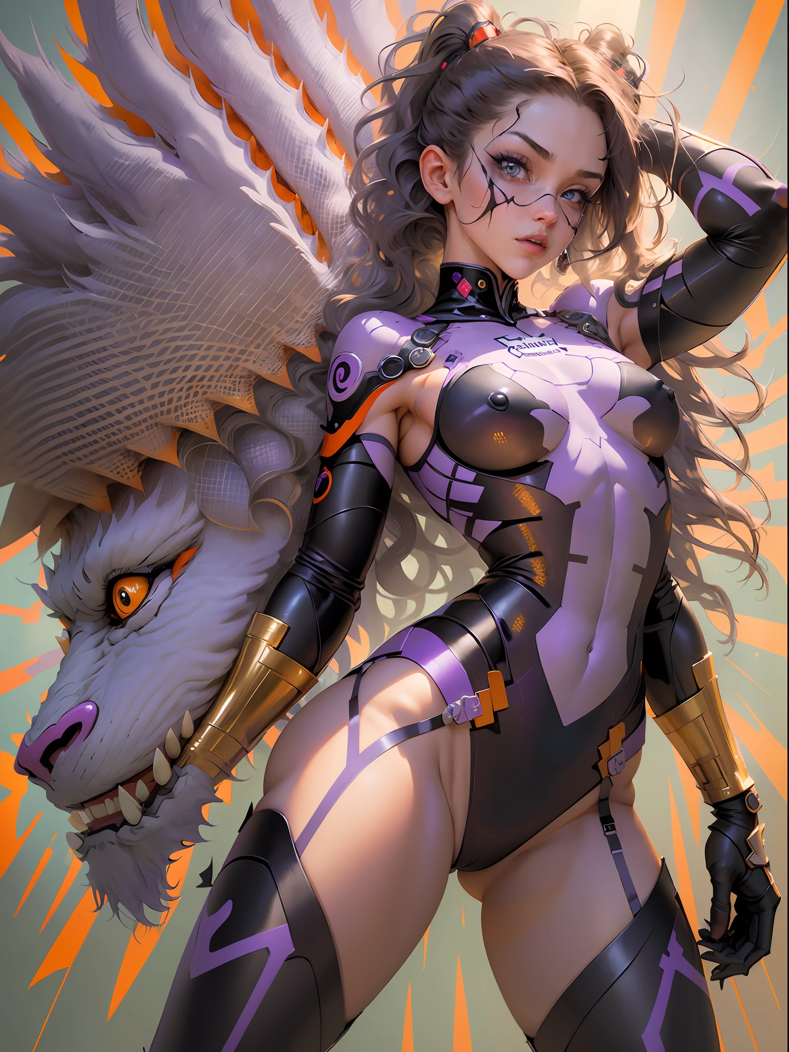 ((Best quality)), ((masterpiece)), (detailed: 1.4), (Absurd), paper, colorful line art, perfect face, Hot Latin woman fighter pilot ready for war, dark skin, lightning and lightning, defined muscular sculptural body, Wolverine mask, (((full body))), bare half-thick thighs, closed mouth, muscular body covered in purple tech clothing, Neon Genesis Evangelion style, cyberpunk, generous neckline, ((perfect small breasts)),  (lilac eyes), ((totally purple clothing with golden rays)), (((short dark purple straight hair)))), long black eyelashes heavy makeup, garter belt, niji --V5, close to real, psychopathic, crazy face, sexy pose, red and white background, 2 pieces clothing, centered, scale to fit dimensions, HDR (High Dynamic Range),Ray Tracing,NVIDIA RTX,Super-Resolution,Unreal 5, Subsurface Dispersion, PBR Texture, Post-processing, Anisotropic Filtering, Depth of Field, Maximum Clarity and Sharpness, Multilayer Textures, Albedo and Specular Maps, Surface Shading, Accurate Simulation of Light-Material Interaction, Perfect Proportions, Octane Render, Two-Tone Lighting, Wide Aperture, Low ISO, White Balance, Rule of Thirds, 8K RAW, Crysisnanosuit