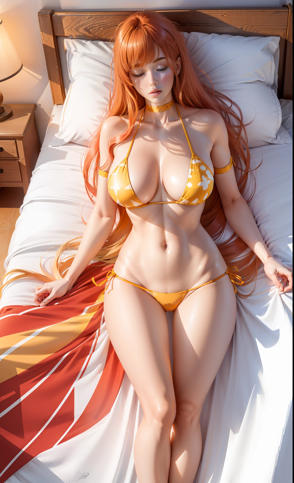 "((reality))), (((((woman)))), directly from real life, (hair_red) blonde hair, huge, tall figure, long legs, wearing less cloth transparent bikini, sleeping on the bed, two legs greatly apart.