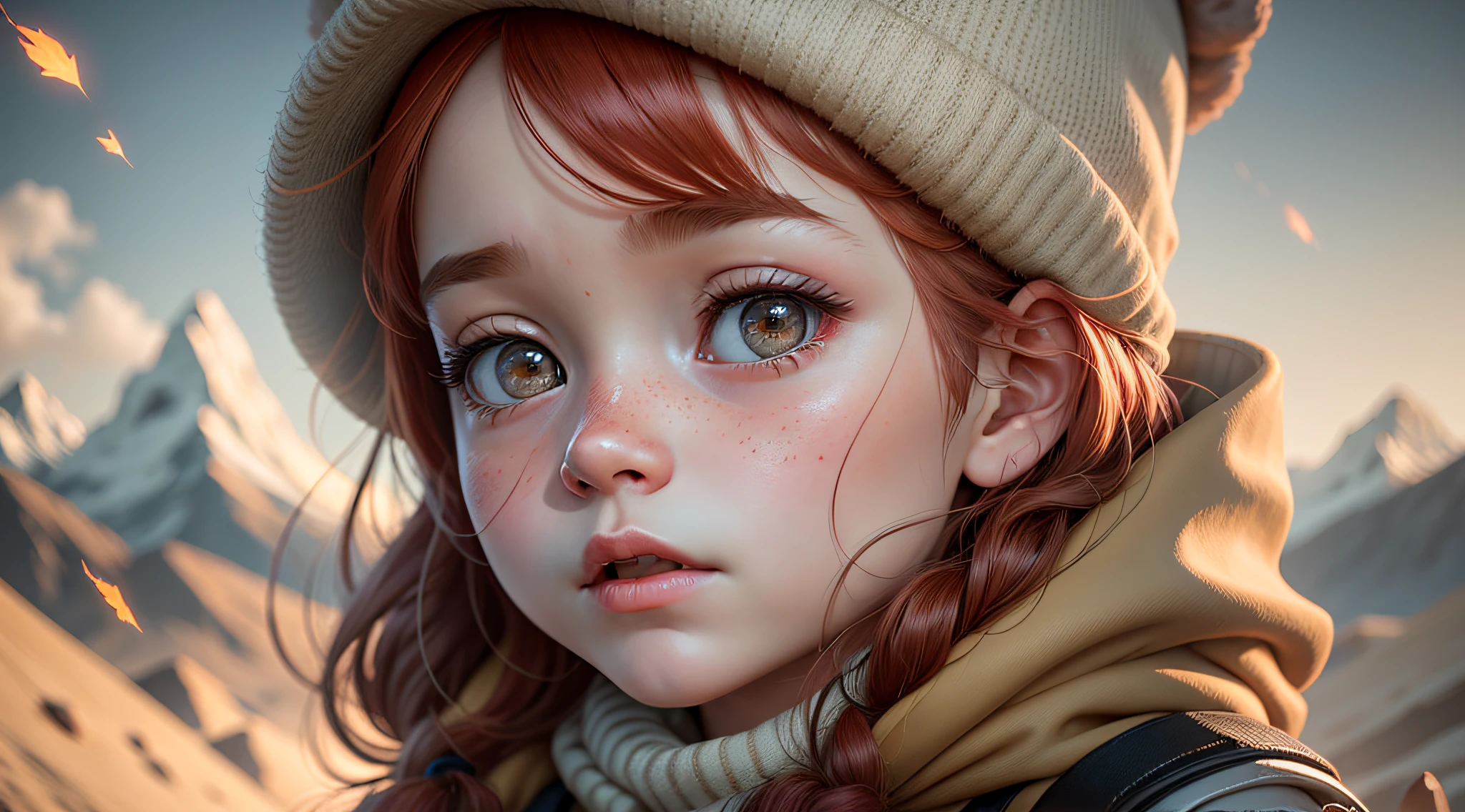 Little girl standing with an aura around, mountain, wearing a brown white coat and cap, 5 years old, ethyl anime, red hair, realistic,8k, unreal engine 5, wind particles, 3D, (extremely complex), close-up, cinematic light, ultra high resolution, best shadow --auto --s2