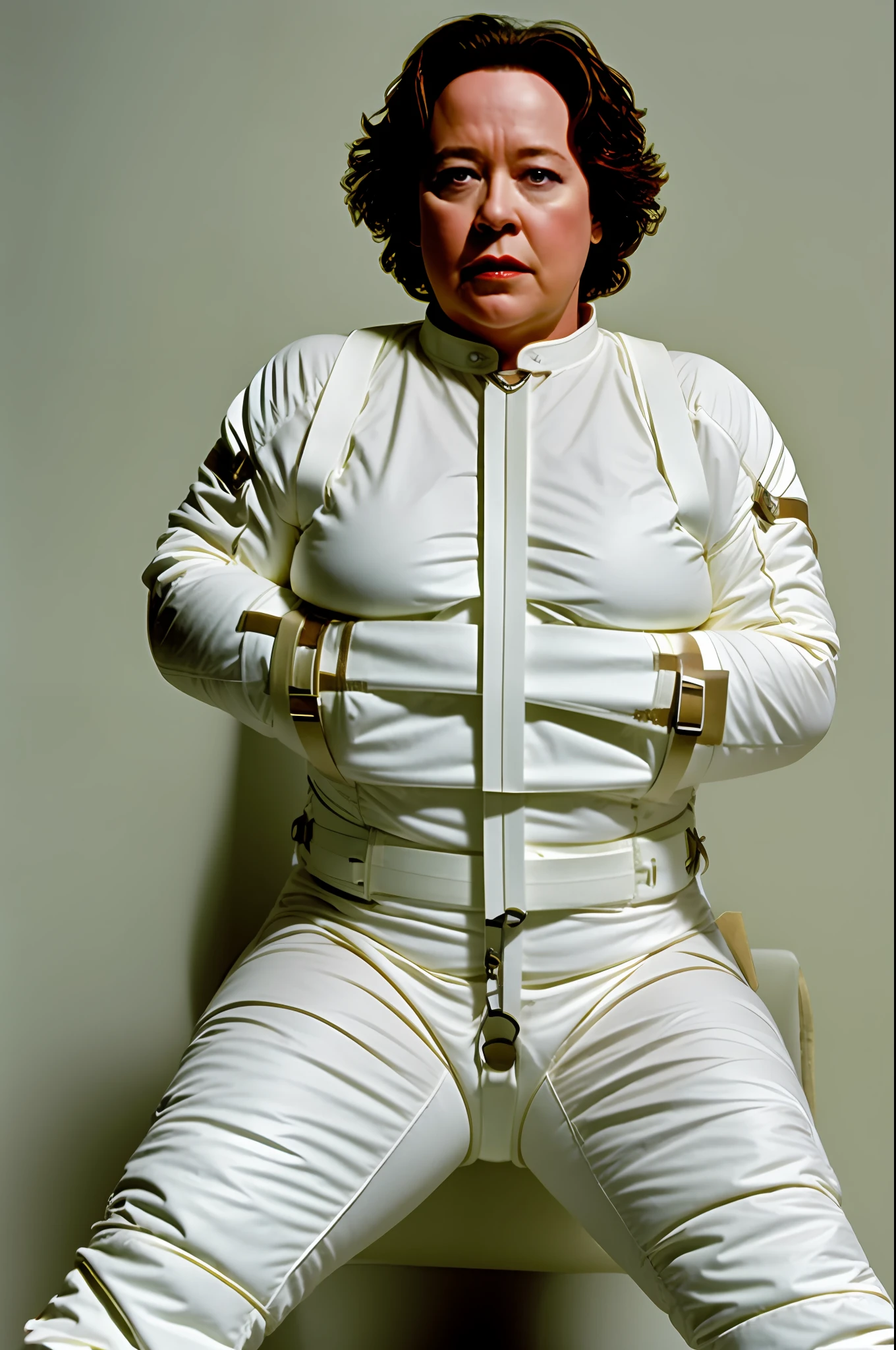 (white straitjacket, many straps, restrain arms, white padded cell) + actress Kathy Bates
