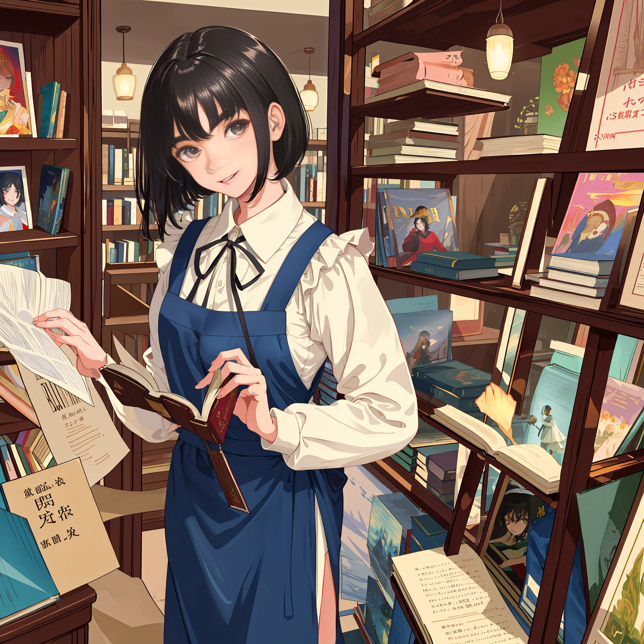 masterpiece, (top quality: 1.2), illustration, female clerk in a used bookstore, short black hair, beautiful face, 18 years old, apron, beautiful smile, beautiful eyes, perfect proportions, 200mm F1.4 lens, holding a bunch of books,