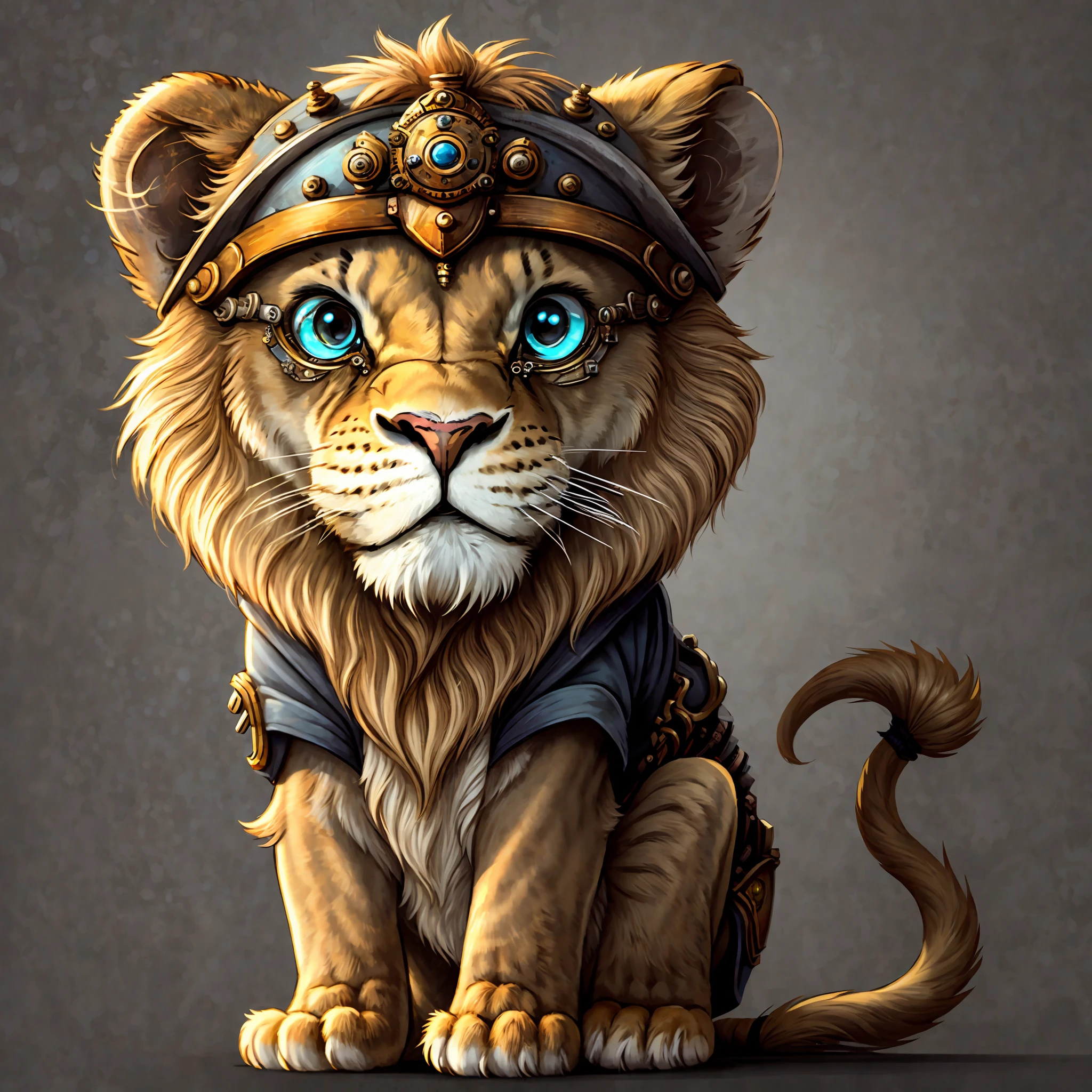 STICKER, cute cartoon sticker of a single lion cosplaying, simple background, steampunk theme