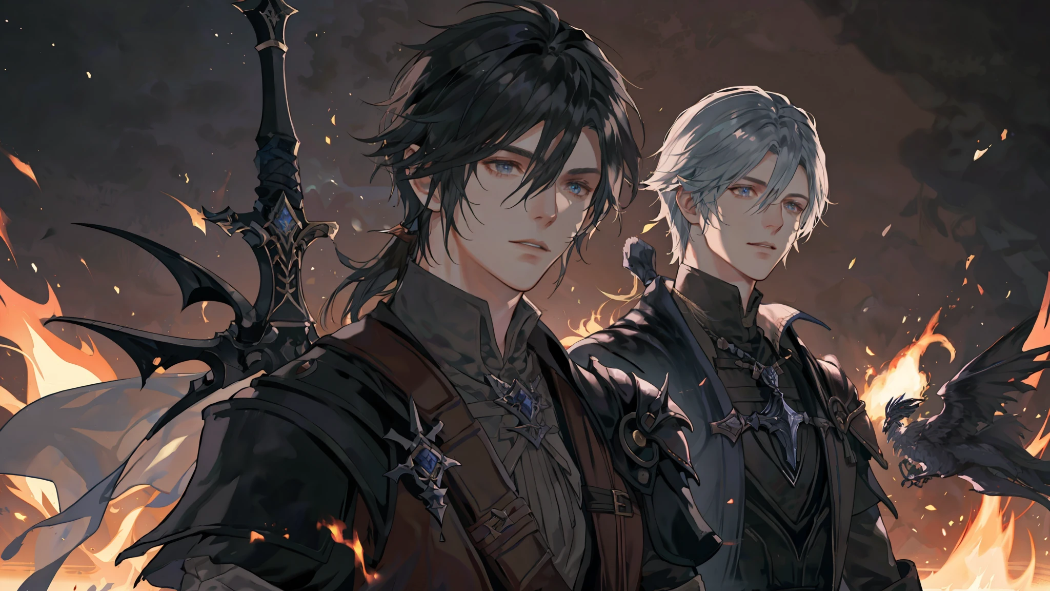 (Final Fantasy XVI) A close-up of a man with a sword on his back in front of a fire, Thancred Waters, Thancred Waters in the style of Wlop, Shadowbringers Cinematic, Portrait of Thancred, Final Fantasy 1 4 Screenshot, Square Enix Cinematic Art, Tsurumaki Kazuya, Final Fantasy 1 4, Handsome Prince of Persia.