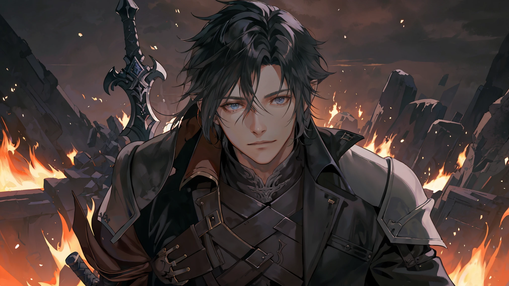 (Final Fantasy XVI) A close-up of a man with a sword on his back in front of a fire, Thancred Waters, Thancred Waters in the style of Wlop, Shadowbringers Cinematic, Portrait of Thancred, Final Fantasy 1 4 Screenshot, Square Enix Cinematic Art, Tsurumaki Kazuya, Final Fantasy 1 4, Handsome Prince of Persia.