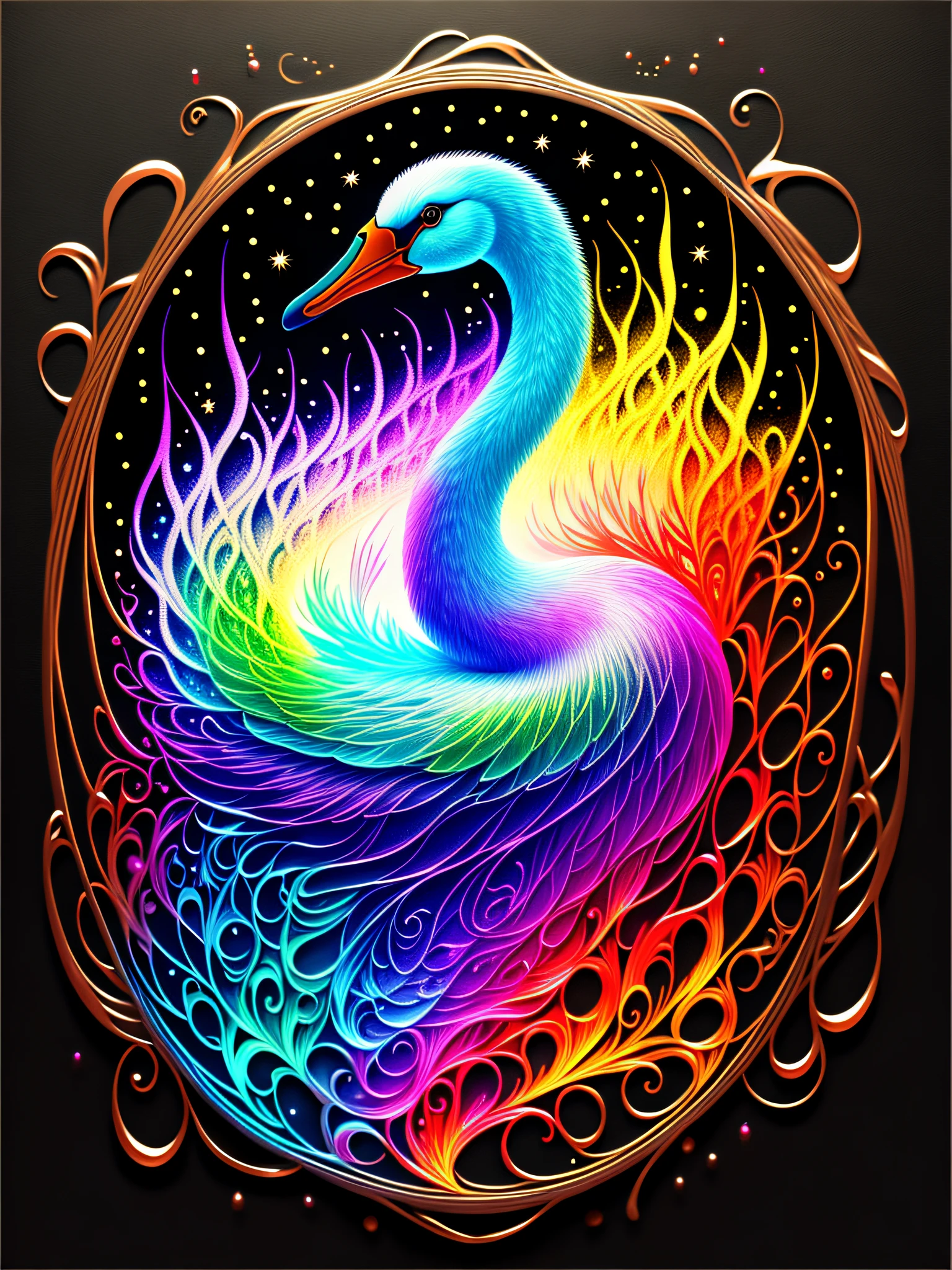 Colored swan painting, on black background, breathtaking rendering, in glowing connections, inspired by Kinuko Y. craft, magical elements, beautiful, multi-colorful spell casting, bright flash, flash