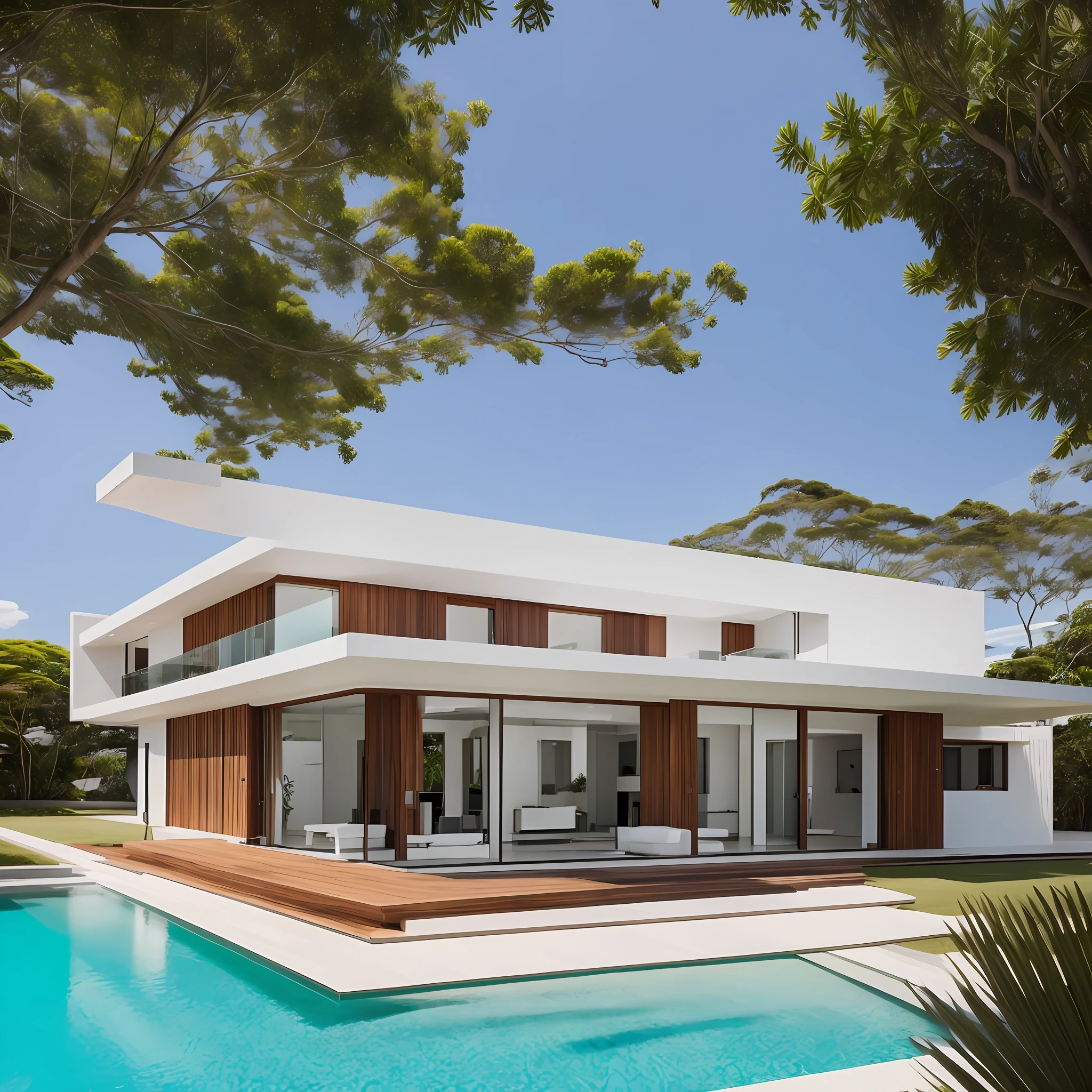 anchored schooner, modern house with high ceilings, white with details in dark wood, large transparent glass windows, Japanese architecture, modern minimalist, in the background, Brazilian tropical landscape, summer sun. --auto --s2