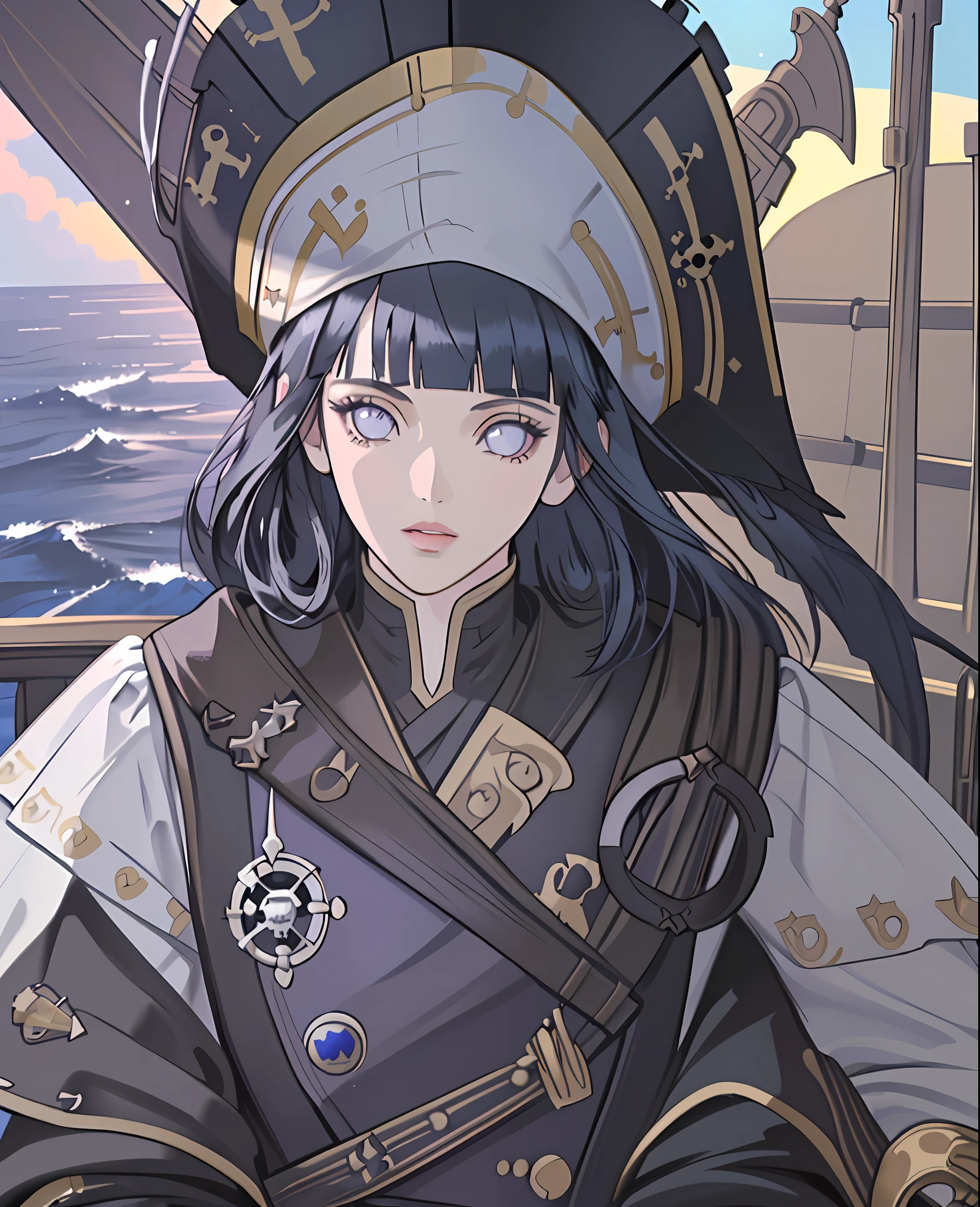 (((masterpiece))), ((best quality)), ((illustration)), ((beautiful detailed girl)), (beautiful detailed glow), (beautiful detailed eyes), ((highres)), ((detailed)), (((high resolution illustraion))), (ultra-detailed), ((detailed background)),
((beautiful detailed face)),
((beautiful detailed eyes)), (beautiful detailed), (dramatic light), (long hair), ((dark blue hair)), Lighting, (detailed eyes), (((pirate outfit))), beautiful detailed sky, (((ship deck))), ((purple eyes)), long sleeves, black dress, white Frill, Eye highlights, ((blunt bangs)), (((perfect composition))), from above, hinata/(boruto/), knee crop, ((pirate hat)), detailed lips