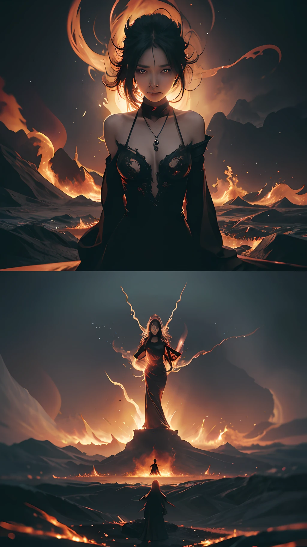 In the picture, a woman is trapped in the abyss of hell. She was surrounded by demonic and terrifying sights, flames burning and magma smoking. There was not a trace of panic or fear on the woman's face, replaced by a firmness and calmness. She was wearing a black robe, the corners of which fluttered as the flames burned. Her eyes were calm and deep, as if she had seen through the essence of life and death and suffering. The picture is full of surreal elements, the woman's body and the surrounding scene take on surreal forms and colors, making people involuntarily immerse themselves in this magical world. The whole picture is filled with a sense of oppression and horror, but also full of a sense of mystery and detachment, which makes people involuntarily attracted and amazed. Such a picture makes people cherish life and freedom more, and also makes people full of curiosity and desire to explore the unknown world. (8K, masterpiece, super detailed)