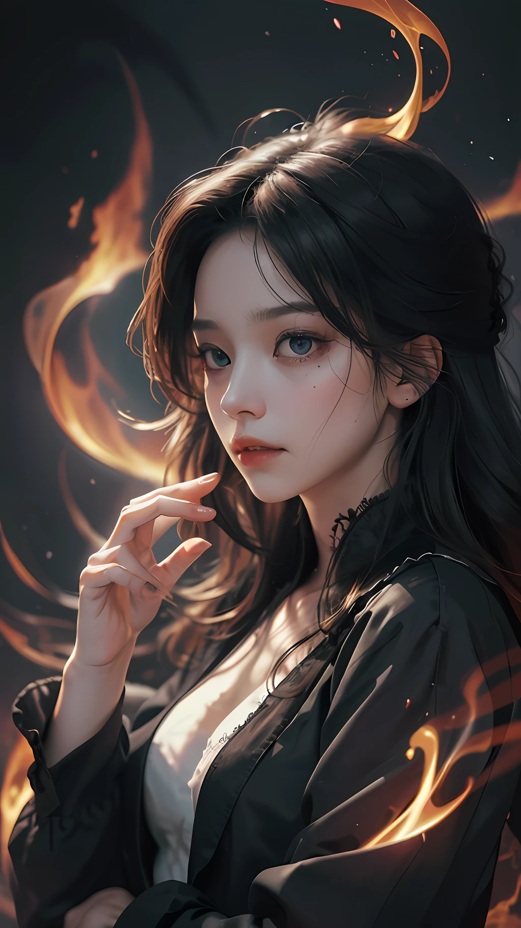In the picture, a woman is trapped in the abyss of hell. She was surrounded by demonic and terrifying sights, flames burning and magma smoking. There was not a trace of panic or fear on the woman's face, replaced by a firmness and calmness. She was wearing a black robe, the corners of which fluttered as the flames burned. Her eyes were calm and deep, as if she had seen through the essence of life and death and suffering. The picture is full of surreal elements, the woman's body and the surrounding scene take on surreal forms and colors, making people involuntarily immerse themselves in this magical world. The whole picture is filled with a sense of oppression and horror, but also full of a sense of mystery and detachment, which makes people involuntarily attracted and amazed. Such a picture makes people cherish life and freedom more, and also makes people full of curiosity and desire to explore the unknown world. (8K, masterpiece, super detailed)