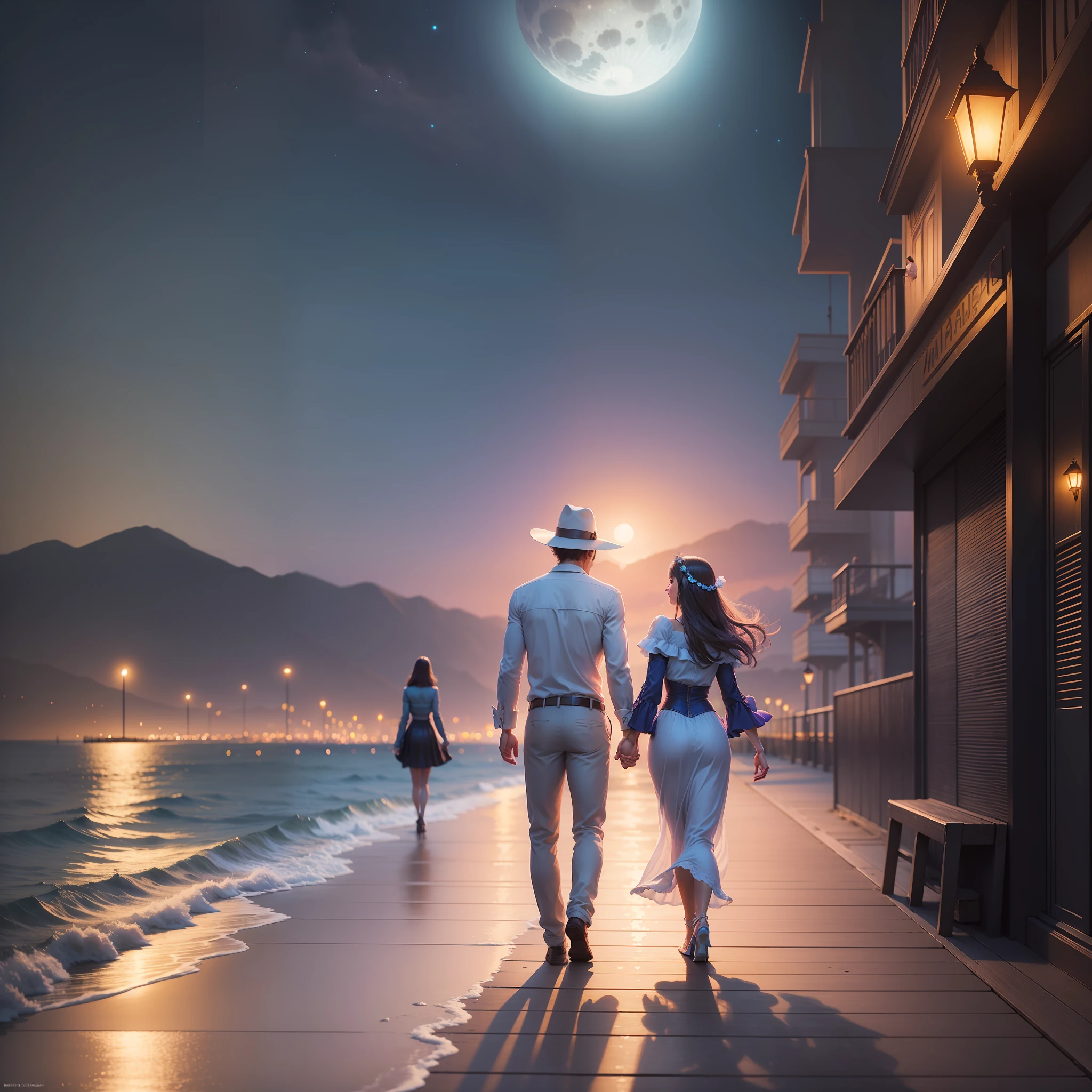 there are two people walking on a pier at night, holding hands in the moonlight, surreal scene, walking together, twilight ; digital painting, setting is bliss wallpaper, she is approaching heaven, walking away, (fantasy), inspired by Tim and Greg Hildebrandt, take my hand, dreamy and romantic, she is arriving heaven, fantasy, romantic!!!, couple walking hand in hand
