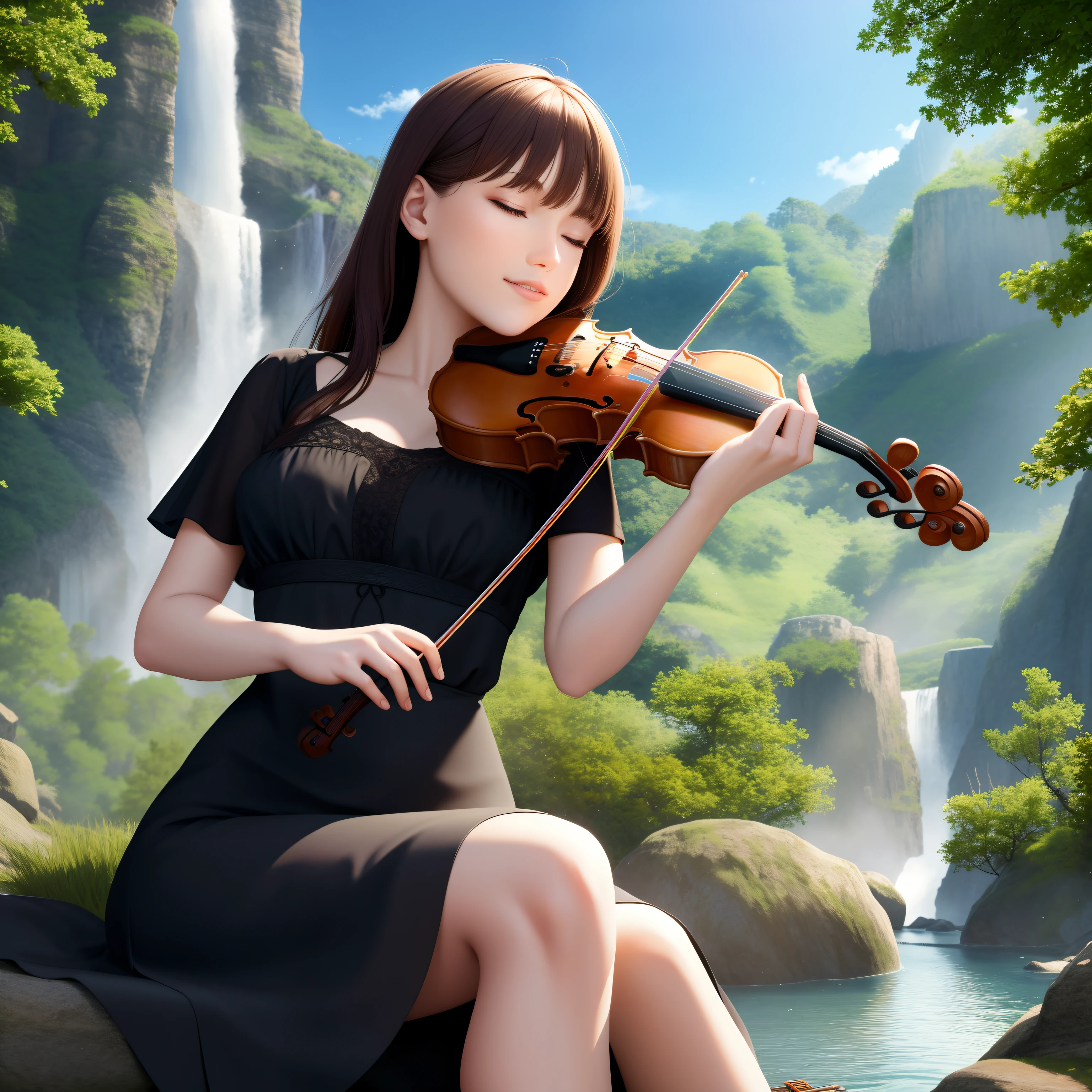 (extremely detailed CG unity 8k wallpaper,masterpiece, best quality, ultra-detailed),(best illumination, best shadow, an extremely delicate and beautiful), a serene yet dramatic scene,

Long shot centered on [( girl)|(young violinist), slim black dress, eyes closed, brown hair gathered over right shoulder, playing the violin, sitting in a wooden chair, dynamic pose:0.9, dynamic angle:0.8],

[(small island)|(rock), in front of a tall, majestic waterfall, lush green forest, mist, blue sky: 0.9, depth of field:0.8]