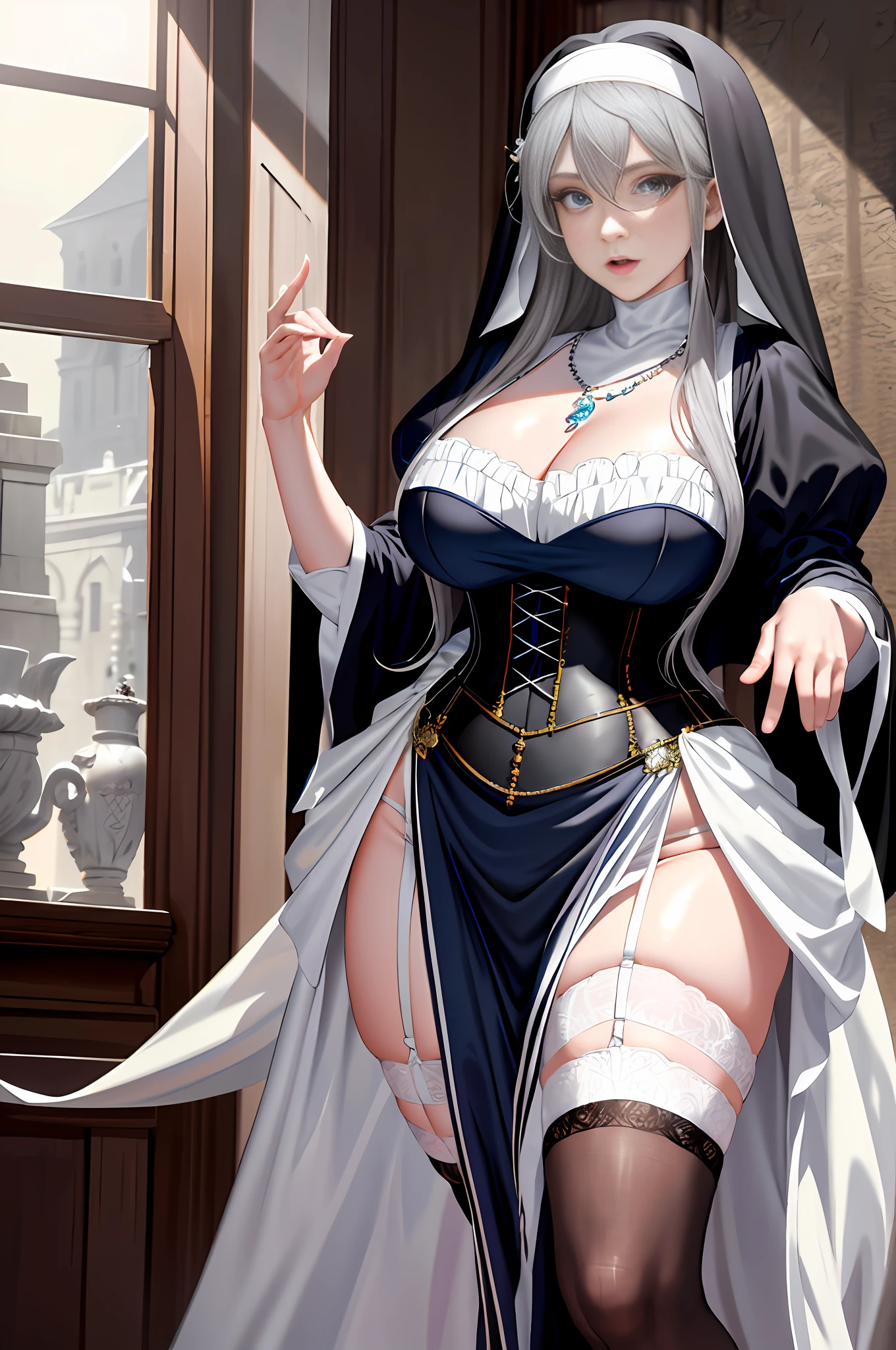 Best quality, masterpiece, high resolution, ultra-realistic 8k CG, beautiful girl with gray hair, blue eyes, open mouth, puffy, plump body, nun bandana, corset nun gown, fleshy thighs, white patterned stockings, high heels, full body, looking at the audience, symmetrical, charming, complex, sexy, elegant, hands interlocked, hair accessories, necklace, tyndall effect, realistic, dark studio, edge lighting, two-tone lighting, (high detail skin: 1.2), 8k uhd, dslr, soft light, high quality, volumetric light, sneak peek, photo, high resolution, 4k, 8k, bokeh,