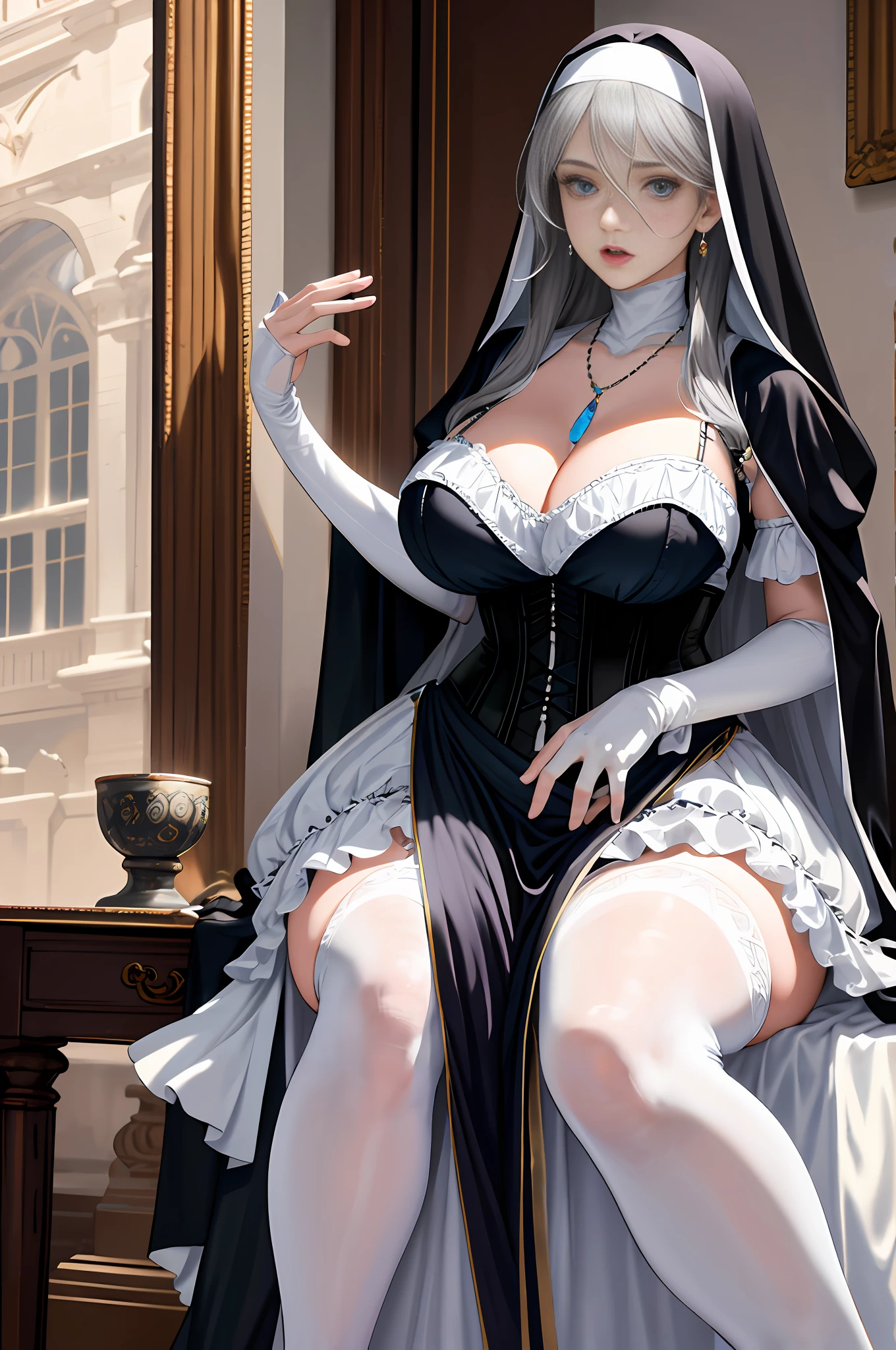 Best quality, masterpiece, high resolution, ultra-realistic 8k CG, beautiful girl with gray hair, blue eyes, open mouth, puffy, plump body, nun bandana, corset nun gown, fleshy thighs, white patterned stockings, high heels, full body, looking at the audience, symmetrical, charming, complex, sexy, elegant, hands interlocked, hair accessories, necklace, tyndall effect, realistic, dark studio, edge lighting, two-tone lighting, (high detail skin: 1.2), 8k uhd, dslr, soft light, high quality, volumetric light, sneak peek, photo, high resolution, 4k, 8k, bokeh,