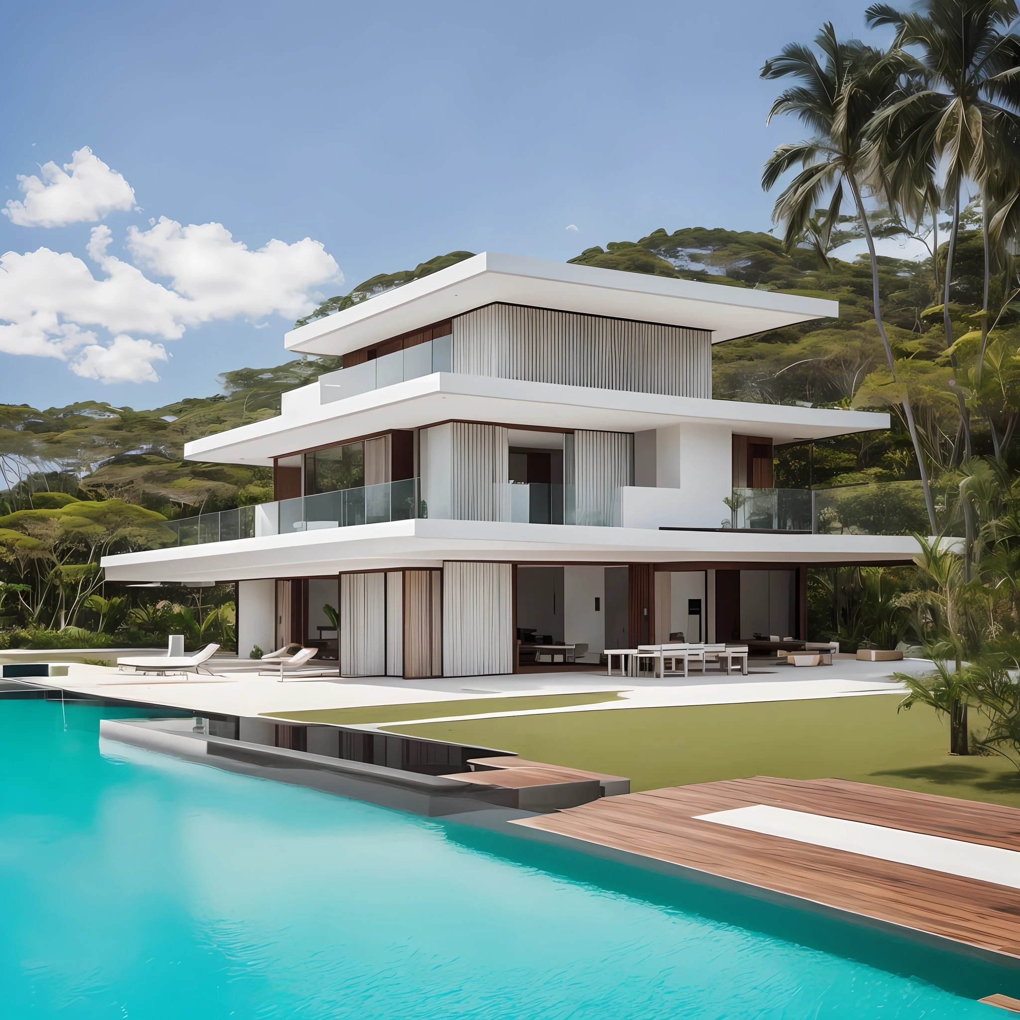 anchored schooner, modern house with high ceilings, white with details in dark wood, large transparent glass windows, Japanese architecture, modern minimalist, in the background, Brazilian tropical landscape, summer sun. --auto --s2