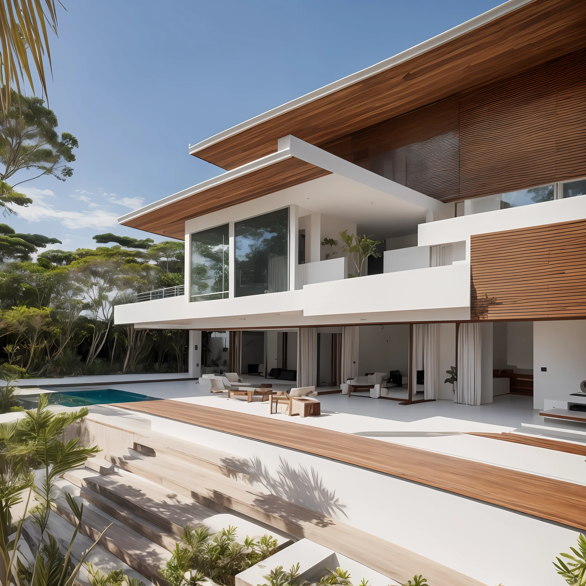 anchored schooner, modern house with high ceilings, white with details in dark wood, large transparent glass windows, Japanese architecture, modern minimalist, in the background, Brazilian tropical landscape, summer sun. --auto --s2
