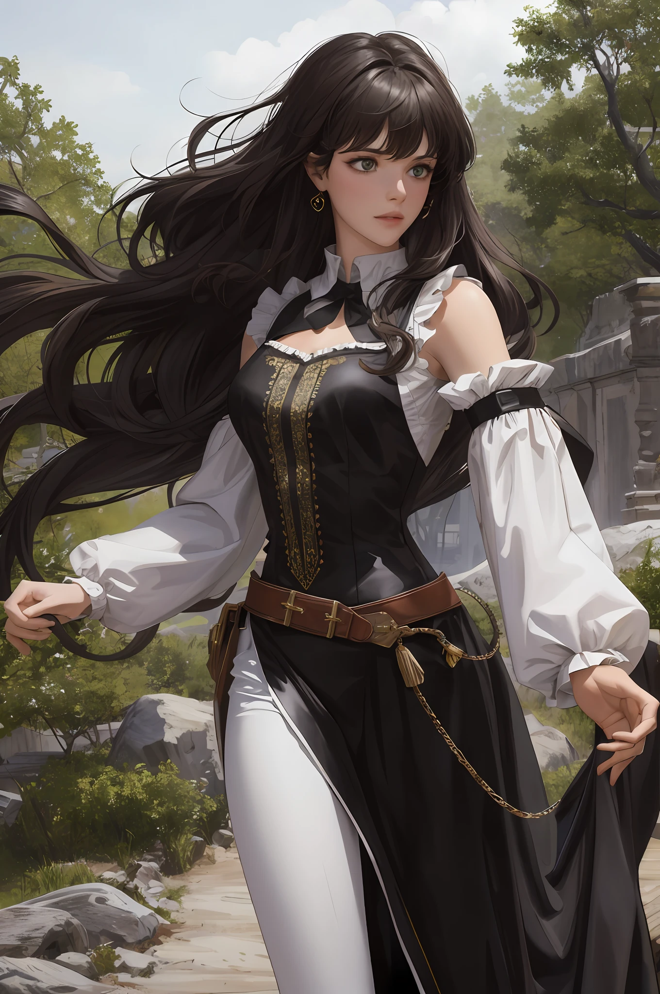 8k, best quality, masterpiece, highly detailed, semi realistic, a girl, a girl, 20 years old, long dark brown hair with bangs, curly hair, green eyes, black rococo style cut clothes, black robe, white pants, thin white sock, black leather vest, bare shoulders, thin figure, cold expression, battle scenes, forest background, many trees.