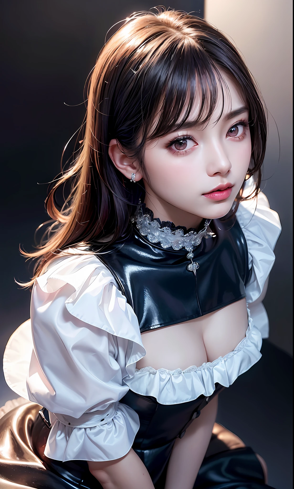 (8k, RAW photos, photorealistic: 1.25), (lip gloss, eyelashes, shiny face, shiny skin, top quality, ultra high resolution, depth of field, chromatic aberration, caustics, broadlighting, natural shading, kpop idol) Gentle, goddessy happiness watching viewer, (dark maid:1.2), miniskirt