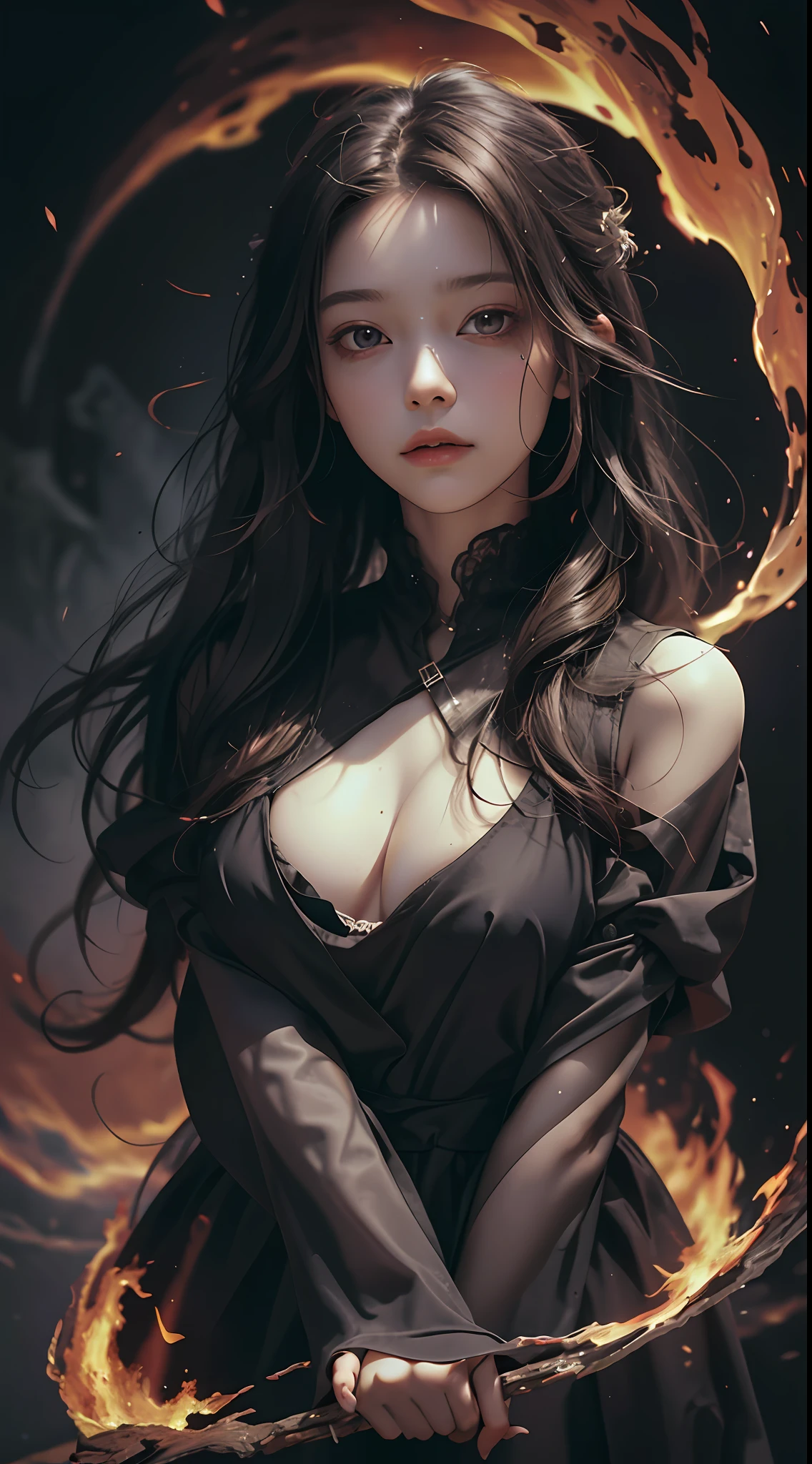 In the picture, a woman is trapped in the abyss of hell. She was surrounded by demonic and terrifying sights, flames burning and magma smoking. There was not a trace of panic or fear on the woman's face, replaced by a firmness and calmness. She was wearing a black robe, the corners of which fluttered as the flames burned. Her eyes were calm and deep, as if she had seen through the essence of life and death and suffering. The picture is full of surreal elements, the woman's body and the surrounding scene take on surreal forms and colors, making people involuntarily immerse themselves in this magical world. The whole picture is filled with a sense of oppression and horror, but also full of a sense of mystery and detachment, which makes people involuntarily attracted and amazed. Such a picture makes people cherish life and freedom more, and also makes people full of curiosity and desire to explore the unknown world. (8K, masterpiece, super detailed)