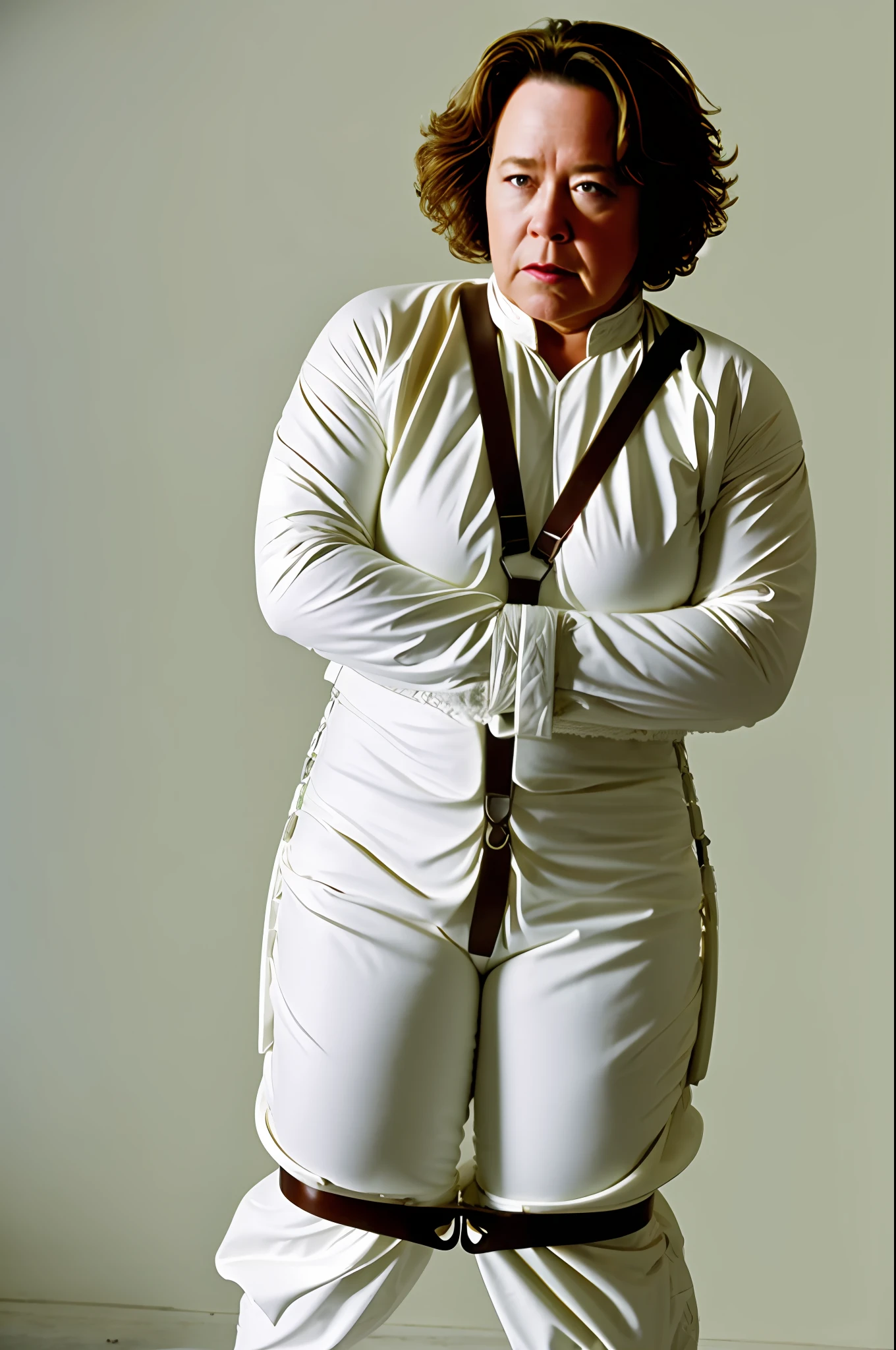(white straitjacket, many straps, restrain arms, white padded cell) + actress Kathy Bates