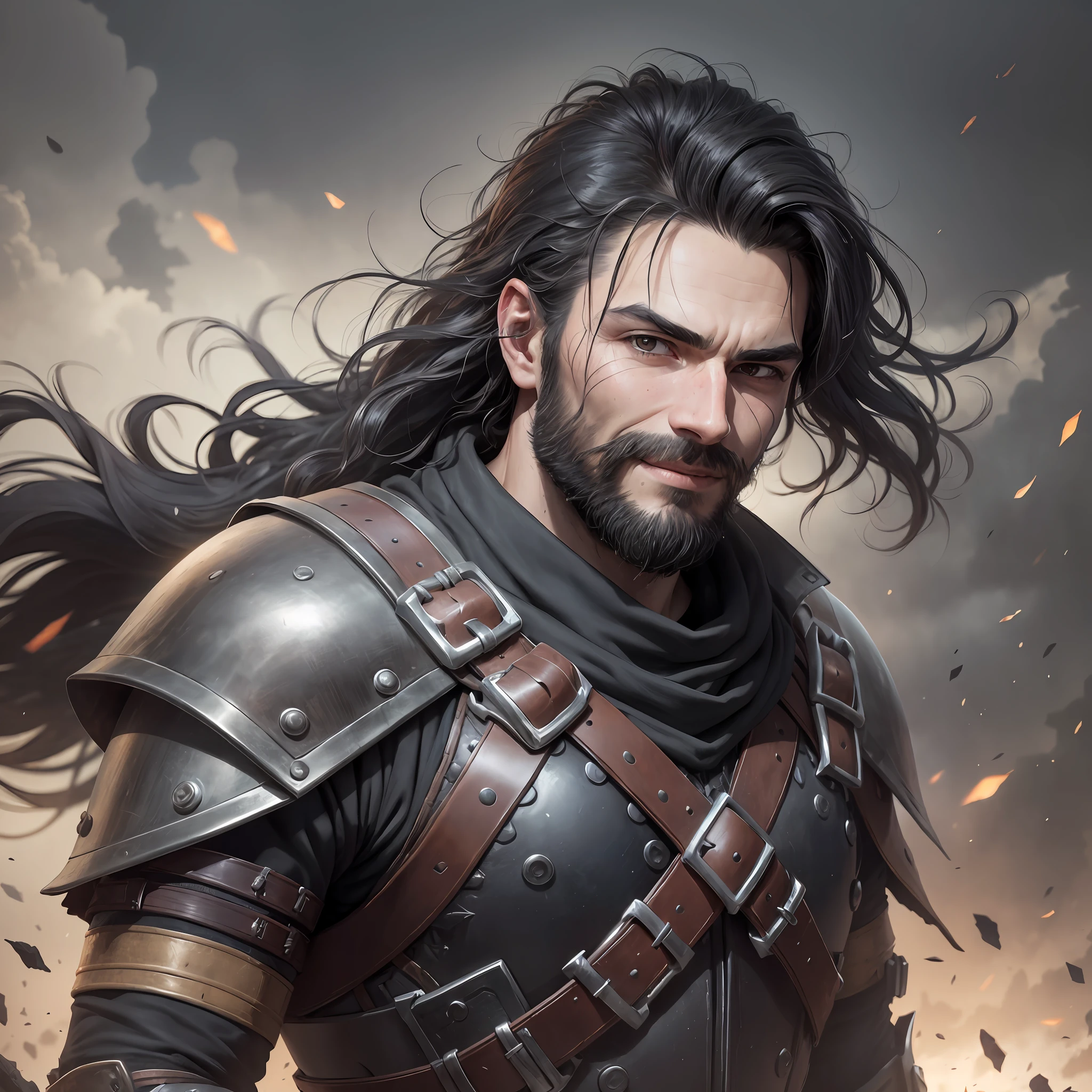brutal portrait, masterpiece, best quality, 8k, artstation, sharp focus, ultra-realistic, high details, raw photo of a warrior man, 18-year-old boy, epic shot, breeze spreading hair, (dynamic pose: 1.4), (12th century warrior: 1.5), (smile: 1.1), trimmed full beard and black hair over shoulders, dressed in old torn dirty leather armor, dark atmosphere, It's night, detailed ruin background, volumetric lighting, (photorealistic: 1.5), (wet hair: 1.5), gloomy sky --auto --s2