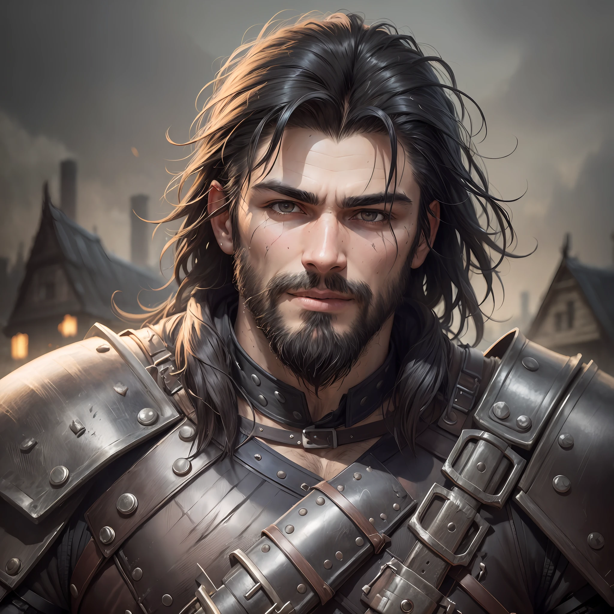 brutal portrait, masterpiece, best quality, 8k, artstation, sharp focus, ultra-realistic, high details, raw photo of a warrior man, 18-year-old boy, epic shot, breeze spreading hair, (dynamic pose: 1.4), (12th century warrior: 1.5), (smile: 1.1), trimmed full beard and black hair over shoulders, dressed in old torn dirty leather armor, dark atmosphere,  It's night, detailed ruin background, volumetric lighting, (photorealistic: 1.5), (wet hair: 1.5), gloomy sky --auto --s2