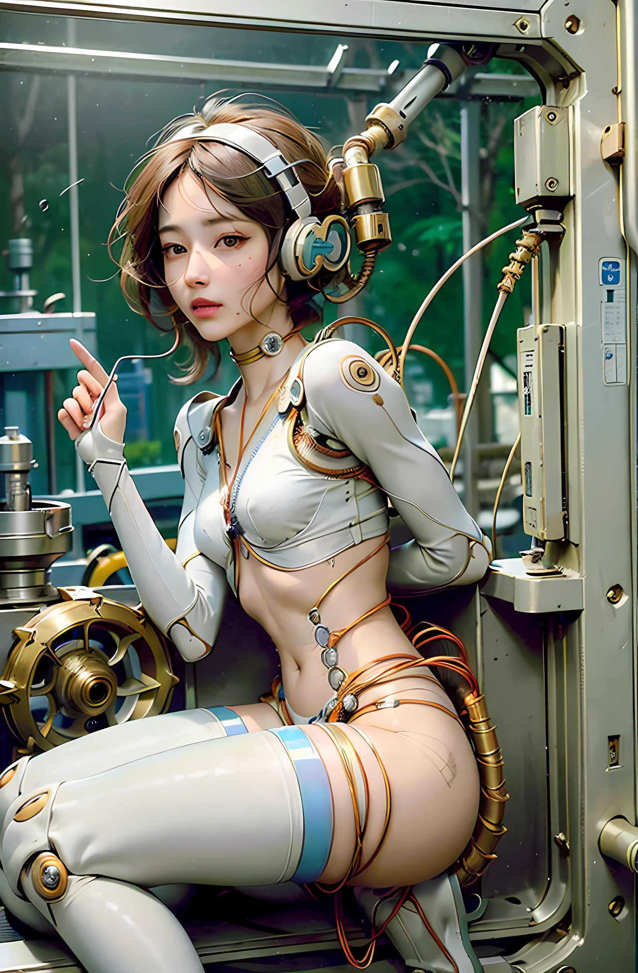 (((masterpiece))), (((best quality))), ((ultra-detailed)), (highly detailed CG illustration), ((an extremely delicate and beautiful)),(cute delicate face:1.3),cinematic light,((1mechanical girl)),solo,full body, (looking at viewer:1.3), (machine made joints:1.4),((machanical limbs)),(explosed muscles),(blood vessels connected to tubes),(a brain in container:1.3),((mechanical vertebra attaching to back)),((mechanical cervial attaching to neck)),machanical limbs,blood vessels connected to tubes, (mechanical vertebra attaching to back:1.2) ,mechanical cervial attaching to neck,sitting, (wires and cables connecting to head:1.3), ((sitting)), expressionless, (wires and cables attaching to head and body:1.4),small breasts,short hair,(character focus),science fiction, (masterpiece, best quality, ultra-detailed, best shadow)