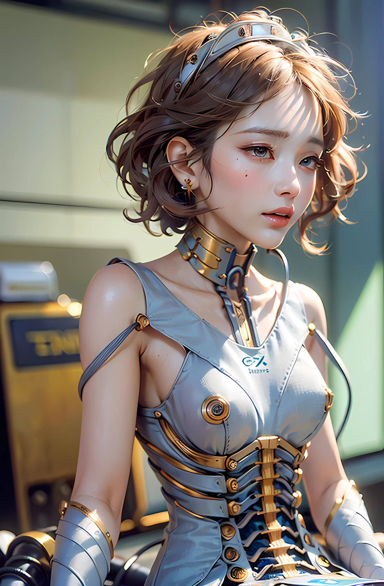 (((masterpiece))), (((best quality))), ((ultra-detailed)), (highly detailed CG illustration), ((an extremely delicate and beautiful)),(cute delicate face:1.3),cinematic light,((1mechanical girl)),solo,full body, (looking at viewer:1.3), (machine made joints:1.4),((machanical limbs)),(explosed muscles),(blood vessels connected to tubes),(a brain in container:1.3),((mechanical vertebra attaching to back)),((mechanical cervial attaching to neck)),machanical limbs,blood vessels connected to tubes, (mechanical vertebra attaching to back:1.2) ,mechanical cervial attaching to neck,sitting, (wires and cables connecting to head:1.3), ((sitting)), expressionless, (wires and cables attaching to head and body:1.4),small breasts,short hair,(character focus),science fiction, (masterpiece, best quality, ultra-detailed, best shadow)