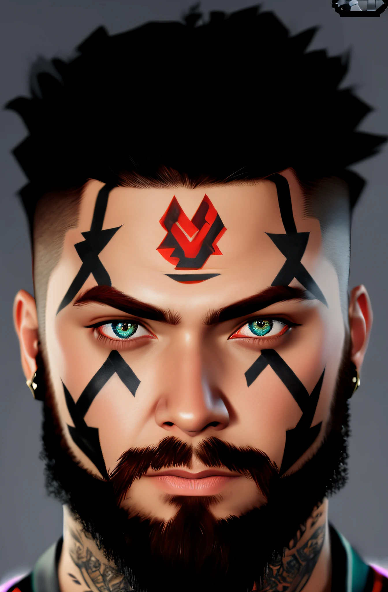 arafed man with a beard and a face painted like a warrior, portrait of crazy post malone, avatar image, realistic artstyle, unreal 5. rpg portrait, symmetrical portrait rpg avatar, symmetry!! portrait of akuma, realism artstyle, varguyart style, hyperrealism artstyle, photorealistic artstyle, full face epic portrait