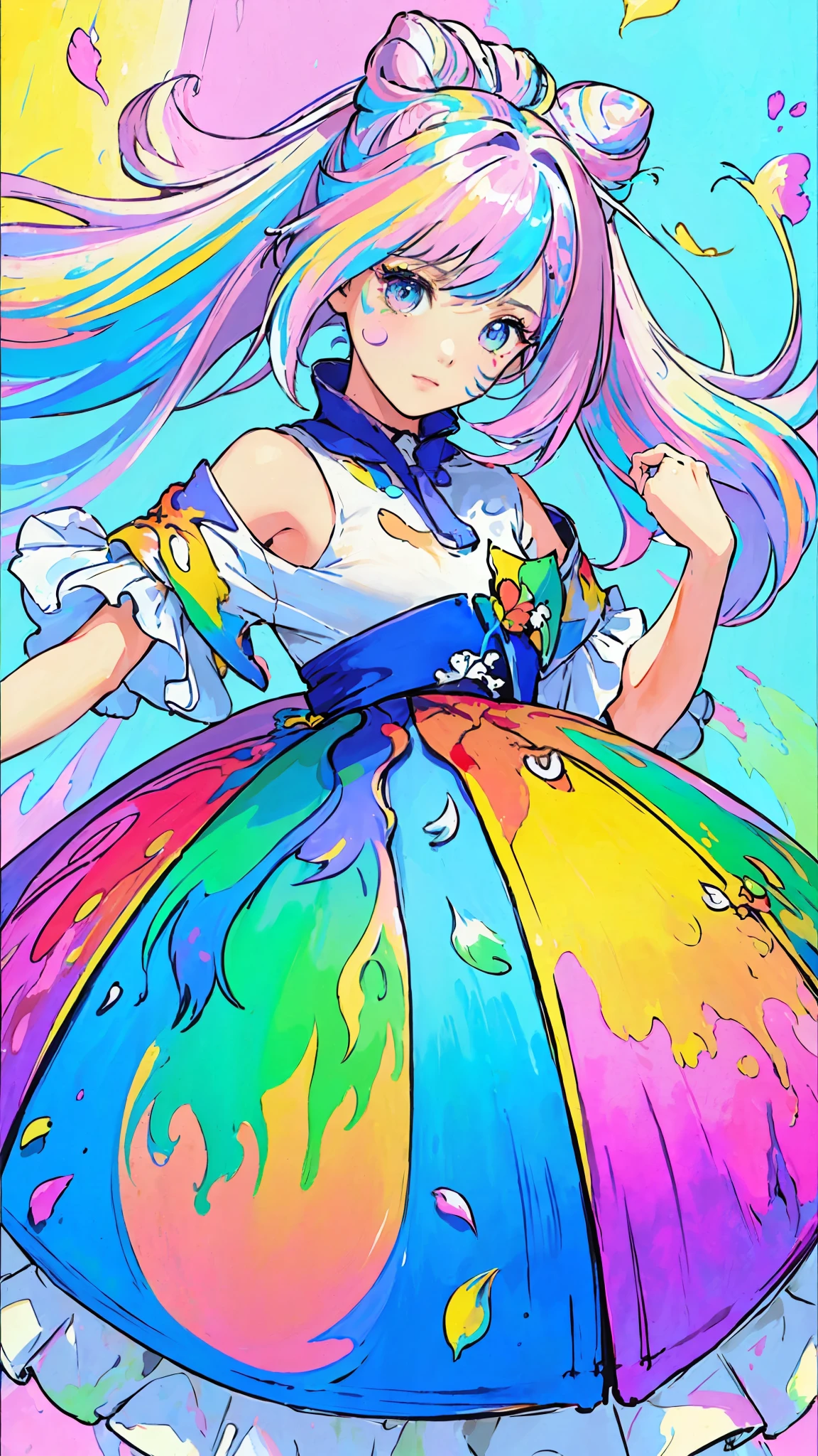 （Pink Fashion T-shirt：1.9），(Colorful hair: 1.8), (all the colours of the rainbow: 1.8),(((((vertical painting：1.6))), （painting：1.6），front, comics, illustrations, paintings, large eyes, crystal clear eyes,（ rainbow color gradient high ponytail：1.7）, exquisite makeup, closed mouth,(Small Fresh: 1.5),(Wipe Chest: 1.6) ，long eyelashes, white off shoulder T-shirt,  White Shoulder Shirt，looking at the audience, large watery eyes, (rainbow colored hair：1.6), color splash, （solo：1.8）, color splash, color explosion, thick paint style, messy lines, ((shining))，(colorful), (colorful), (colorful), colorful, Thick Paint Style, (Splash) (Color Splash), Vertical Painting, Upper Body, Paint Splash, Acrylic Pigment, Gradient, Paint, Highest Image Quality, Highest Quality, Masterpiece, Solo, Depth of Field, Face Paint,  colorful clothes, (Elegant: 1.2), gorgeous,long hair, wind, (Elegant: 1.3), (Petals: 1.4)，(((masterpiece))),(((best quality))),((ultra-detailed)),(illustration),(dynamic angle),((floating)),(paint),((disheveled hair)),(solo),(1girl) , (((detailed anima face))),((beautiful detailed face)),collar,bare shoulders,white hair, ((colorful hair)),((streaked hair)),beautiful detailed eyes,(Gradient color eyes),(((colorful eyes))),(((colorful background))),(((high saturation))),(((surrounded by colorful splashes))),