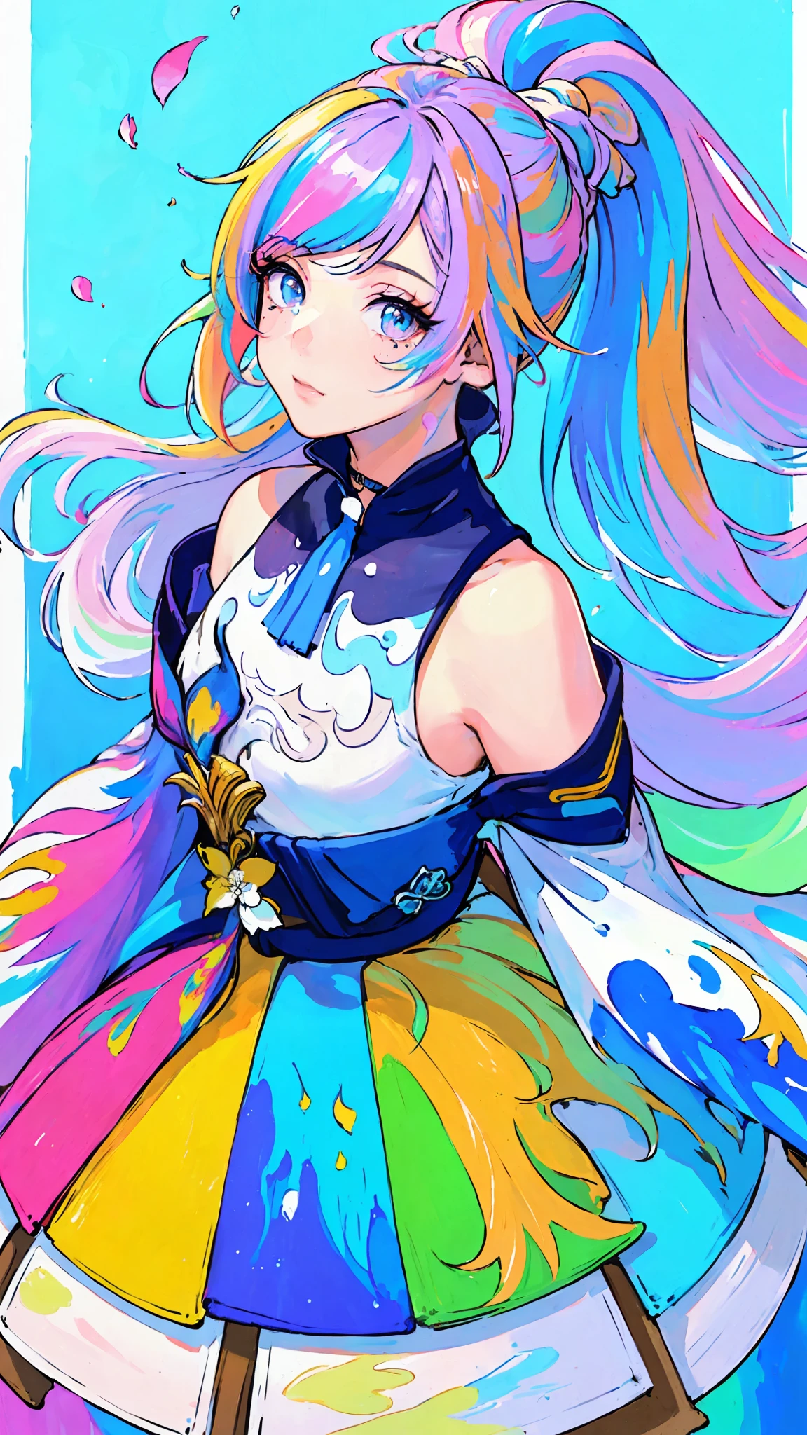 (Pink Fashion T-shirt:1.9),(Colorful hair: 1.8), (all the colours of the rainbow: 1.8),(((((vertical painting:1.6))), (painting:1.6),front, comics, illustrations, paintings, large eyes, crystal clear eyes,( rainbow color gradient high ponytail:1.7), exquisite makeup, closed mouth,(Small Fresh: 1.5),(Wipe Chest: 1.6) ,long eyelashes, white off shoulder T-shirt, White Shoulder Shirt,looking at the audience, large watery eyes, (rainbow colored hair:1.6), color splash, (solo:1.8), color splash, color explosion, thick paint style, messy lines, ((shining)),(colorful), (colorful), (colorful), colorful, Thick Paint Style, (Splash) (Color Splash), Vertical Painting, Upper Body, Paint Splash, Acrylic Pigment, Gradient, Paint, Highest Image Quality, Highest Quality, Masterpiece, Solo, Depth of Field, Face Paint, colorful clothes, (Elegant: 1.2), gorgeous,long hair, wind, (Elegant: 1.3), (Petals: 1.4),(((masterpiece))),(((best quality))),((ultra-detailed)),(illustration),(dynamic angle),((floating)),(paint),((disheveled hair)),(solo),(1girl) , (((detailed anima face))),((beautiful detailed face)),collar,bare shoulders,white hair, ((colorful hair)),((streaked hair)),beautiful detailed eyes,(Gradient color eyes),(((colorful eyes))),(((colorful background))),(((high saturation))),(((surrounded by colorful splashes))),
