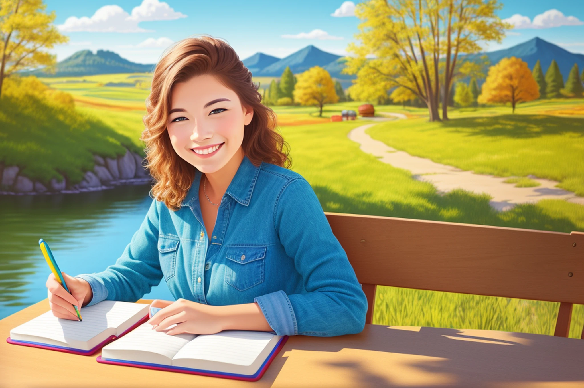 smiling woman sitting at a table with a notebook and pen, professional color photography, color portrait, colored illustration, color illustration, illustrative art, shutterstock contest winner, professional artwork, artistic interpretation, colorful illustration, contracting colors mood, professional drawing, drawing pictures on a notebook, best on adobe stock, color drawing, colorful picture, in a scenic background