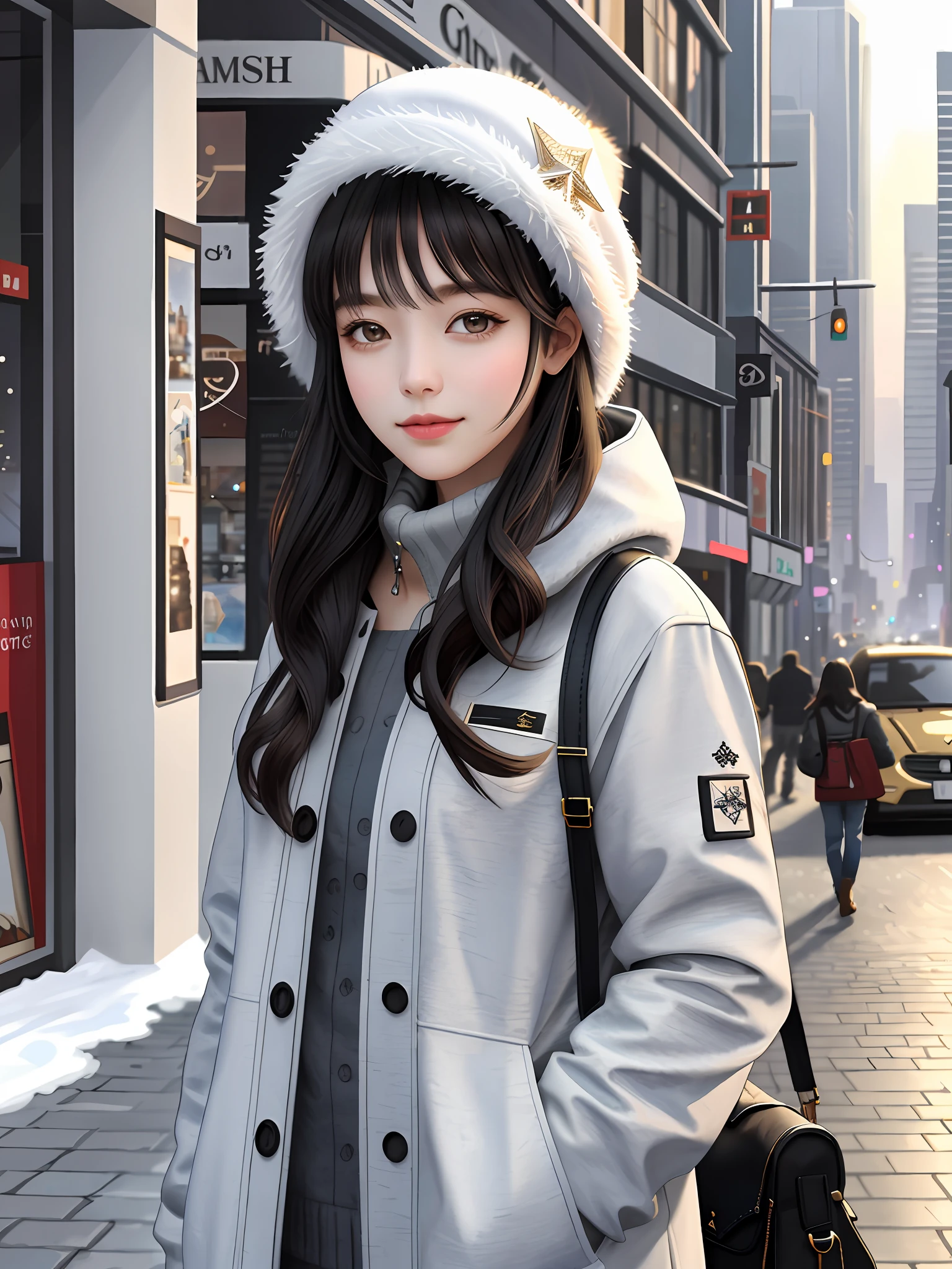 "Masterpiece, top quality, ultra-detailed, 8k drawing under CG unity, girl looking directly at the observer, winter subject, a tired and sad look, in the city center, smiling, with black hair and cowboy style hairstyle."