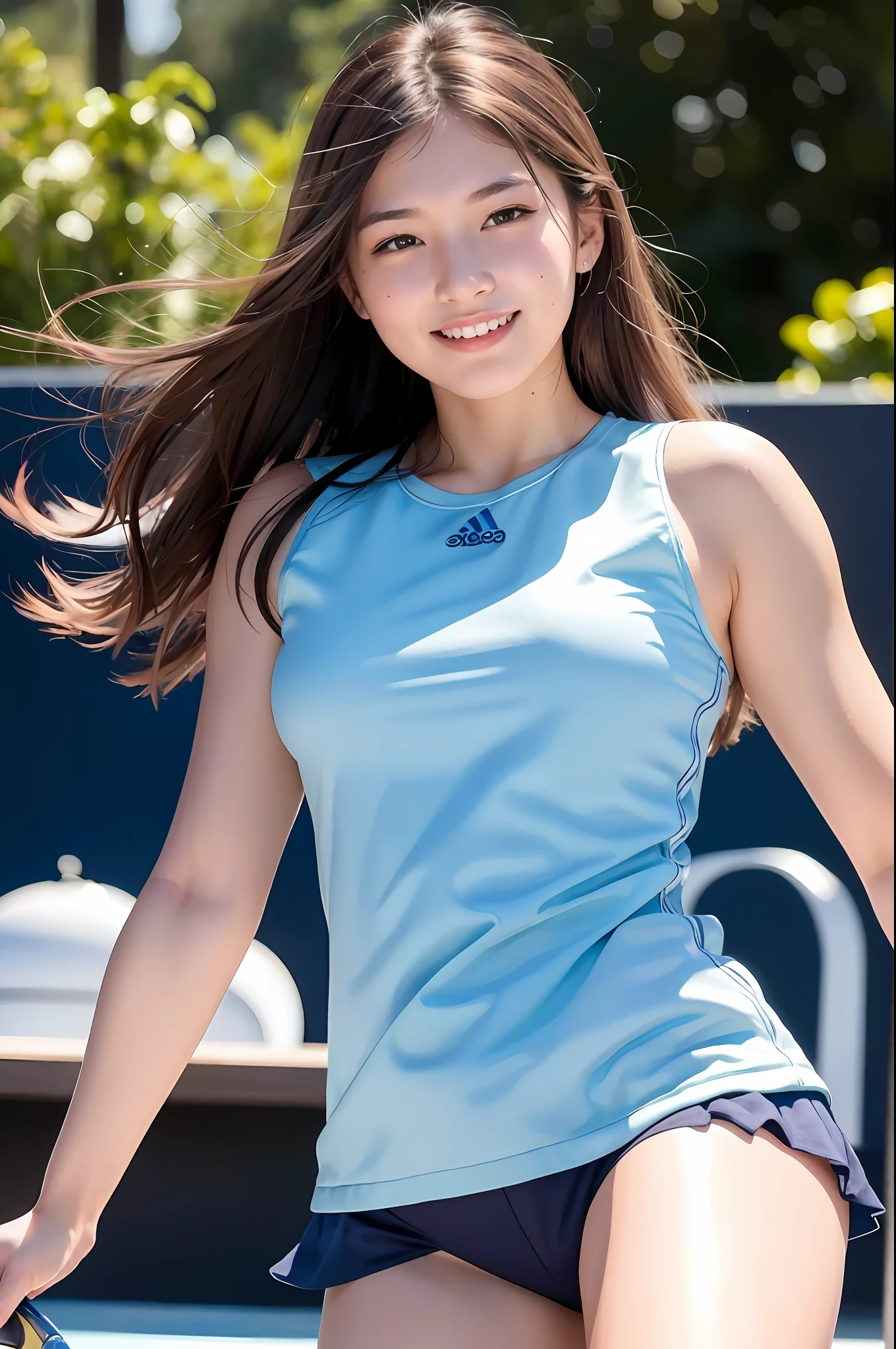 (8K, Best Quality, Masterpiece: 1.2), (Realistic, Photorealistic: 1.37), Super Detail, 1 Girl, 20 years old, Big, Beauty, Cute, Smile, Solo, Tennis Wear, Tennis Court with Mini Skirt, (Nose Redden), (Smile: 1.15), (Mouth Closed), Beautiful Eyes, (Long Hair: 1.2), Floating Hair Novafrog style, upper body