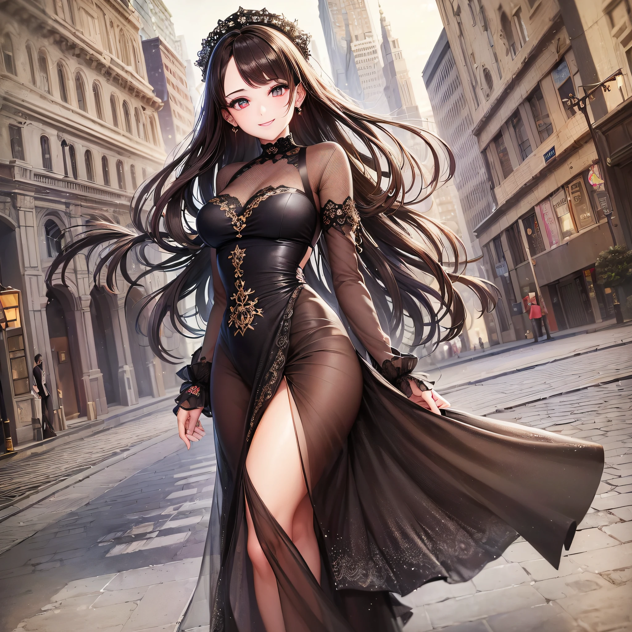 ((Best quality, 8k, Masterpiece :1.3)), 1girl, smiling, full body, slim face, Pretty woman, (Dark brown hair), full length dress :1.1, Ultra-detailed face, Detailed eyes, Double eyelid,  blur background, slim face, city, outside, street, --auto --s2