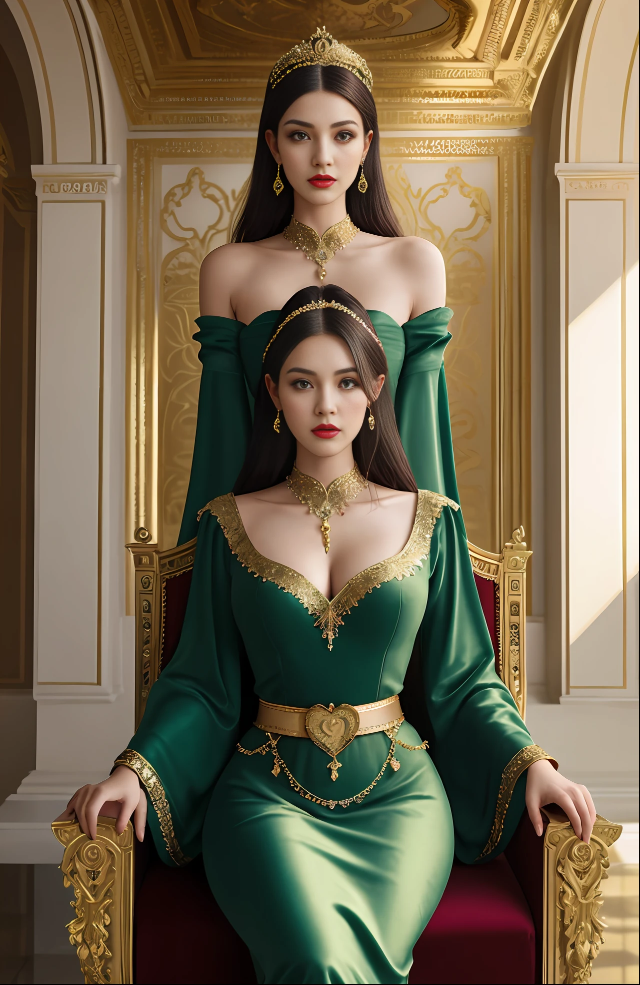 two female models posing together in one photo,one has super long light blonde hair and is sitting wearing green emerald gown, one has dark hair and is standing wesring red gown, one is sitting on chair and one is standing behind her,Renaissance palace, grand window, dramatic realistic lighting, very realistic, realistic skin, realistic skin texture, realistic hair texture, realistic render
Model 1:
- Face: heart-shaped, high cheekbones, pointed chin, large almond-shaped green eyes, thick arched eyebrows, small upturned nose, full asymmetrical lips
- Hair: waist-length, silver-lavender, wavy, voluminous, loose romantic updo, tendrils framing face
- Clothing: emerald green velvet gown, plunging neckline, gold embroidery, beading
- Body: slender, statuesque, long limbs, narrow waist
- Pose: seated, ornate gold-leafed chair, one hand on lap, other holding golden fan, serene expression
Model 2:
- Face: square-shaped, prominent cheekbones, downturned deep blue eyes, thin angular eyebrows, long straight nose, full deep red lips
- Hair: thigh-length, dark brown, straight, sleek, low chignon, gold pearl headpiece
- Clothing: deep red velvet gown, high neck, long flowing sleeves, gold-embroidered belt, gold lace skirt
- Body: athletic, curvy, broad shoulders, narrow waist
- Pose: standing, hand on chair back, other on hip, fierce expression
Surroundings: vaulted ceilings, ornate frescoes, lavish gold accents, floor-to-ceiling window, light streaming in, dramatic shadows
Overall photo: regal, extravagant, Renaissance-inspired, high-fashion
Realism: highly realistic, attention to detail, rich textures and colors
Commands: emphasize contrast between models, capture intricate details, balance lighting and shadows, ensure harmony in composition model:Sreal