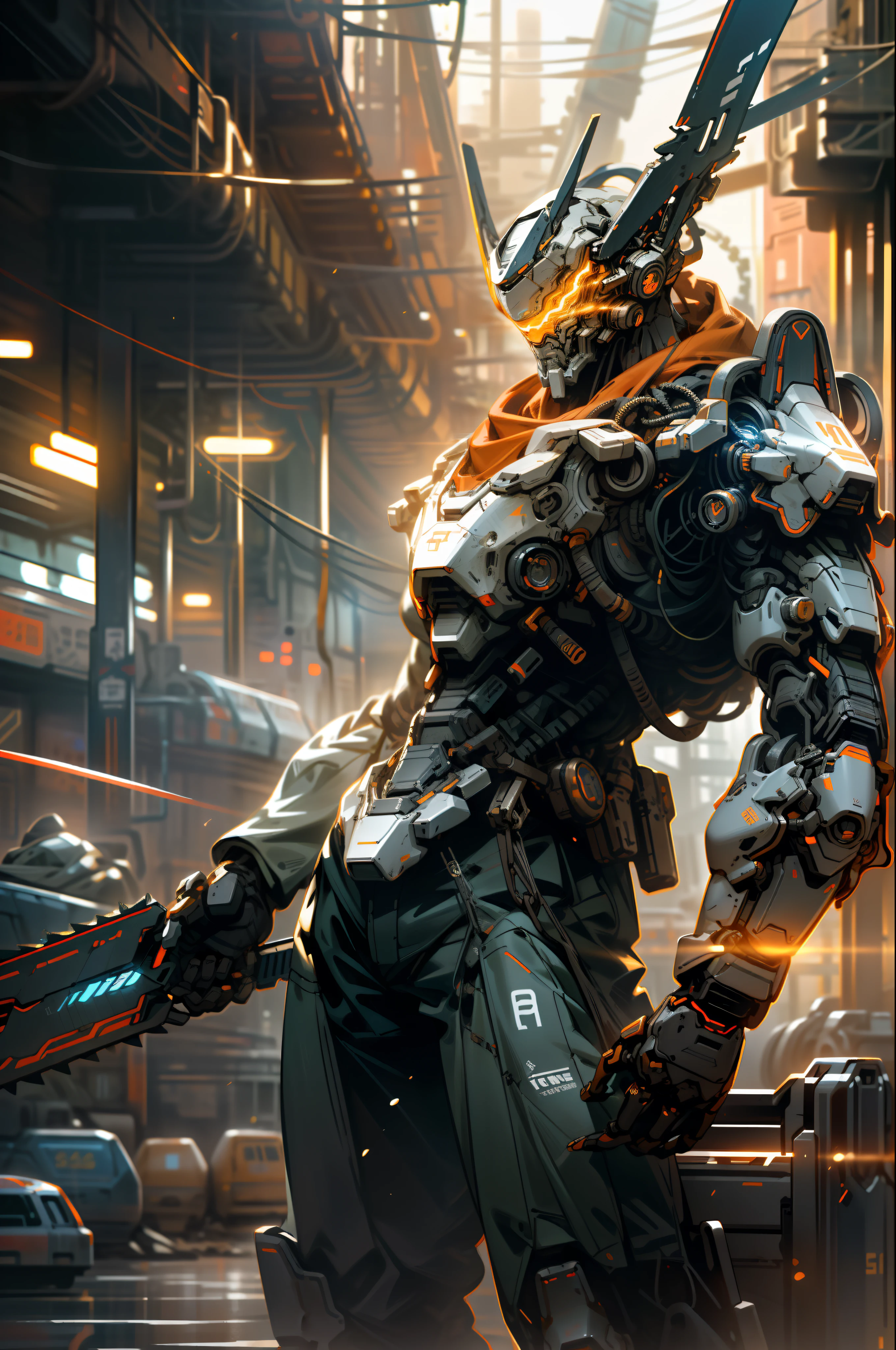 On the moon, barren planet, ruins, holding weapons, no humans, glowing, robot, building, glowing eyes, orange mech, science fiction, city, reality, mecha, galaxy background, full body, neon, cyber Punk, 8K wallpapers, ultra-detailed artwork, cinematic lighting, realistic photos, Dark_Fantasy, Cyberpunk, (chain saw, chain saw man, Red: 1.1), 1man, Mechanical marvel, Robotic presence, Cybernetic guardian, wearing a worn-out machine armor suit, intricate, (steel metal [rust]), elegant, sharp focus, photographed by greg rutkowski, soft lighting, vibrant colors, masterpiece, ((street)), cowboy shot, dynamic pose,