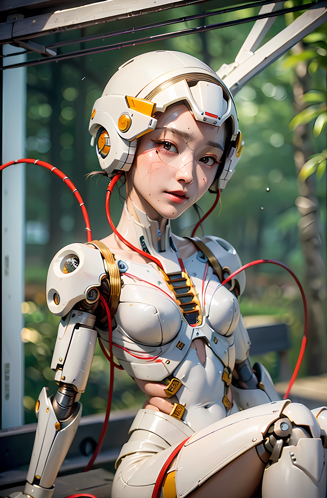 (((masterpiece))), (((best quality))), ((ultra-detailed)), (highly detailed CG illustration), ((an extremely delicate and beautiful)),(cute delicate face:1.3),cinematic light,((1mechanical girl)),solo,full body, (looking at viewer:1.3), (machine made joints:1.4),((machanical limbs)),(explosed muscles),(blood vessels connected to tubes),(a brain in container:1.3),((mechanical vertebra attaching to back)),((mechanical cervial attaching to neck)),machanical limbs,blood vessels connected to tubes, (mechanical vertebra attaching to back:1.2) ,mechanical cervial attaching to neck,sitting, (wires and cables connecting to head:1.3), ((sitting)), expressionless, (wires and cables attaching to head and body:1.4),small breasts,short hair,(character focus),science fiction, (masterpiece, best quality, ultra-detailed, best shadow)