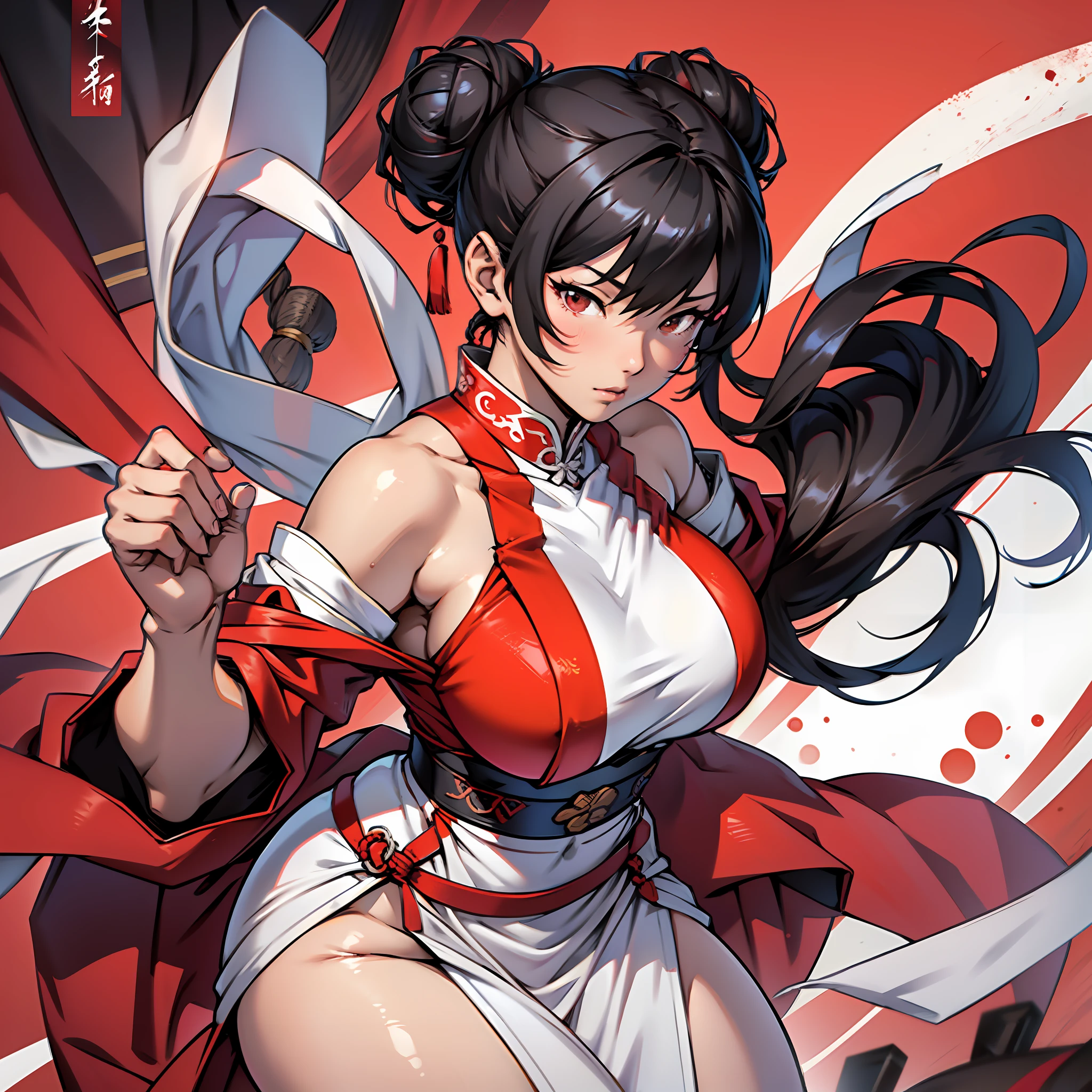 Japanese woman, gorgeous face, hair tied in bun, maria chiquinha, black hair, straight hair, caramelized brown eyes, red colored Chinese dress with neckline, thick thighs, large breasts, curvy, thin waist, white skin, red cloth armbands, red colored Chinese sneaker, ancient kingdom, medieval setting, fighting pose.