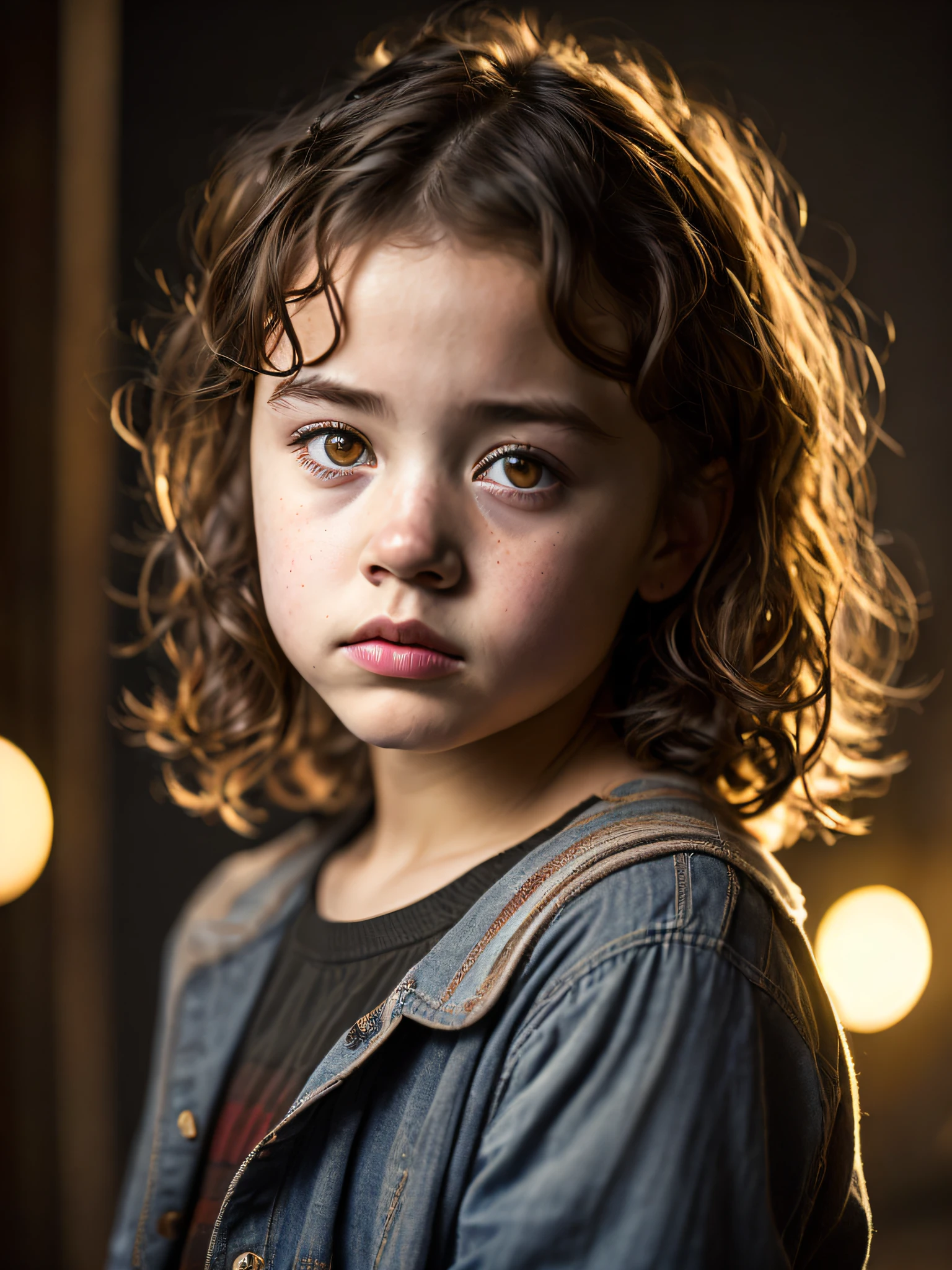 (Modelshoot style), A sad little and homeless girl ((dressing an old torn clothes)), (shy), 1girl, solo, brown and curly and messy hair, very detailed face, beautiful eyes, [chubby], adorable, with rosy cheeks and bright, sad eyes, stunningly beautiful, (Rembrandt Lighting), zeiss lens, ultra realistic, (high detailed skin:1.2), 8k uhd, dslr, Dramatic Rim light, high quality, Fujifilm XT3,