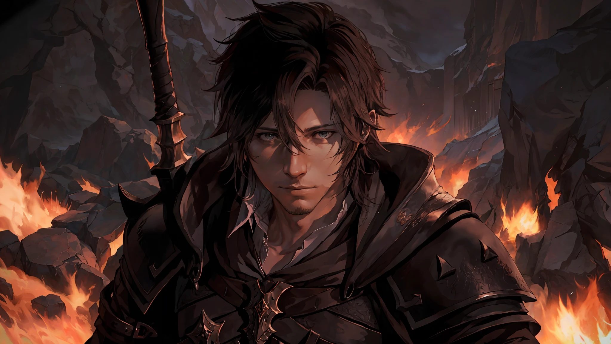 (Final Fantasy XVI) A close-up of a man with a sword on his back in front of a fire, Thancred Waters, Thancred Waters in the style of Wlop, Shadowbringers Cinematic, Portrait of Thancred, Final Fantasy 1 4 Screenshot, Square Enix Cinematic Art, Tsurumaki Kazuya, Final Fantasy 1 4, Handsome Prince of Persia.